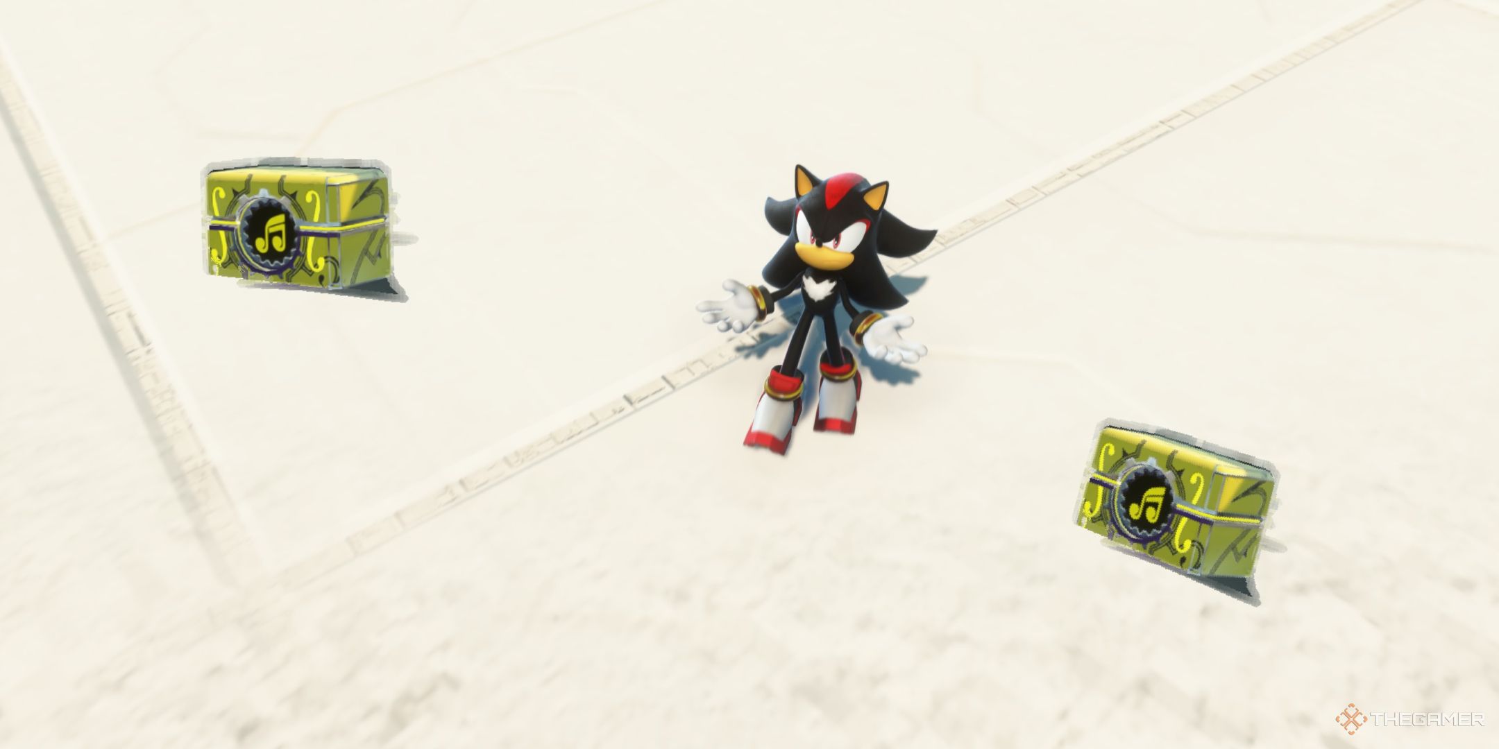 Shadow with his arms outstretched while surrounded by yellow collection boxes in Sonic X Shadow generations.