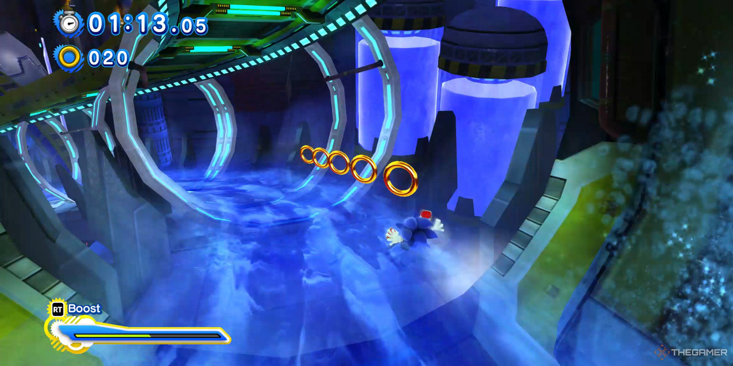 Modern Sonic going down a giant water slide in Chemical Plant from Sonic X Shadow Generations.