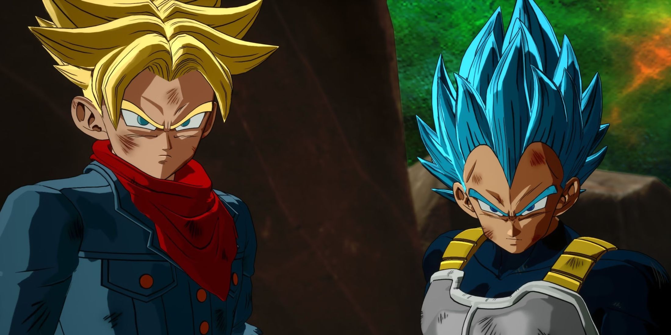 Screenshot from the Inherited Pride Sparking Episode What If Scenario, which depicts Future Trunks fighting alongside Vegeta Blue during the Tournament of Power