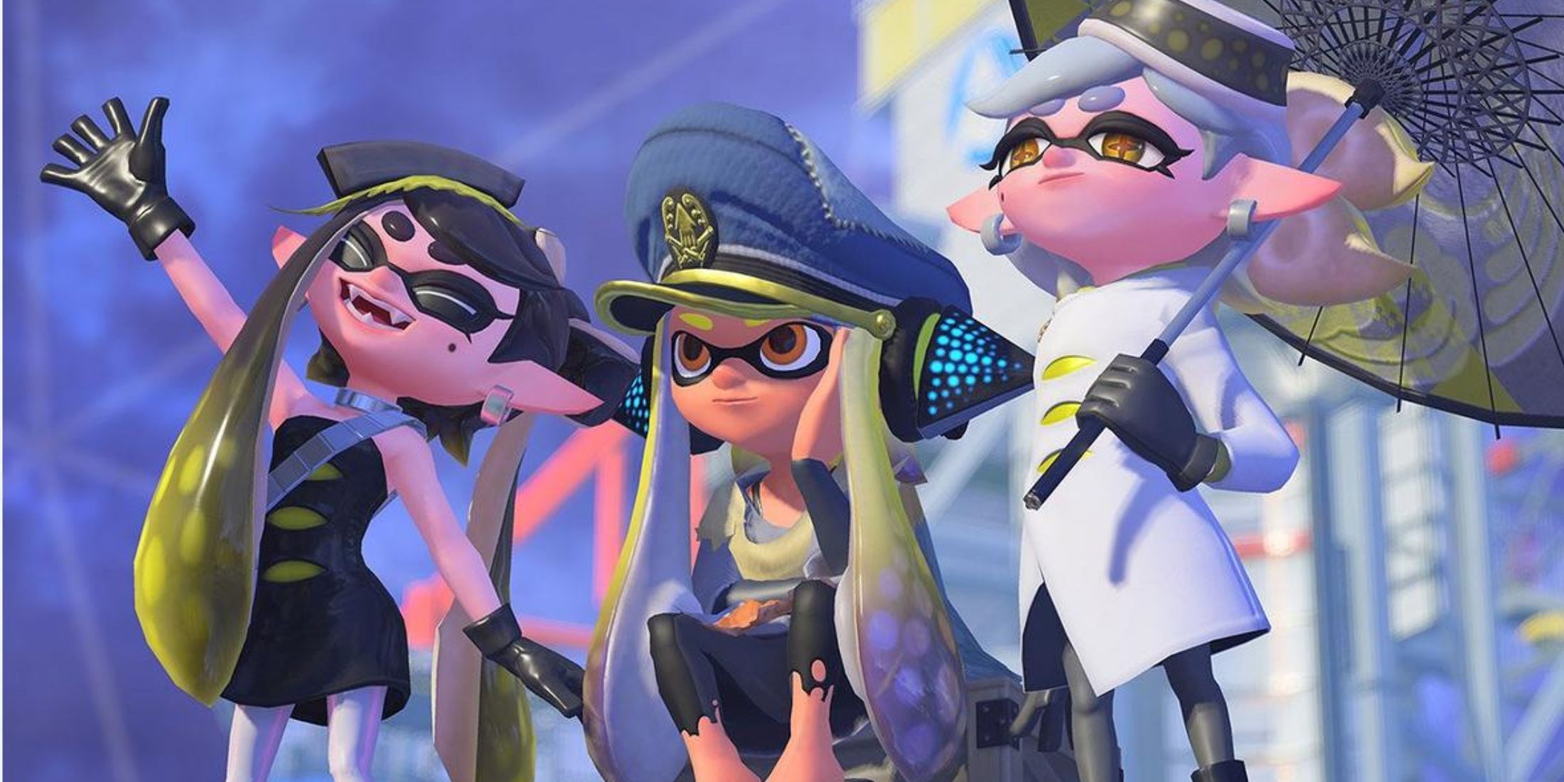 Screenshot from Splatoon 3 featuring a fond farewell from Marie, Callie, and Agent 3