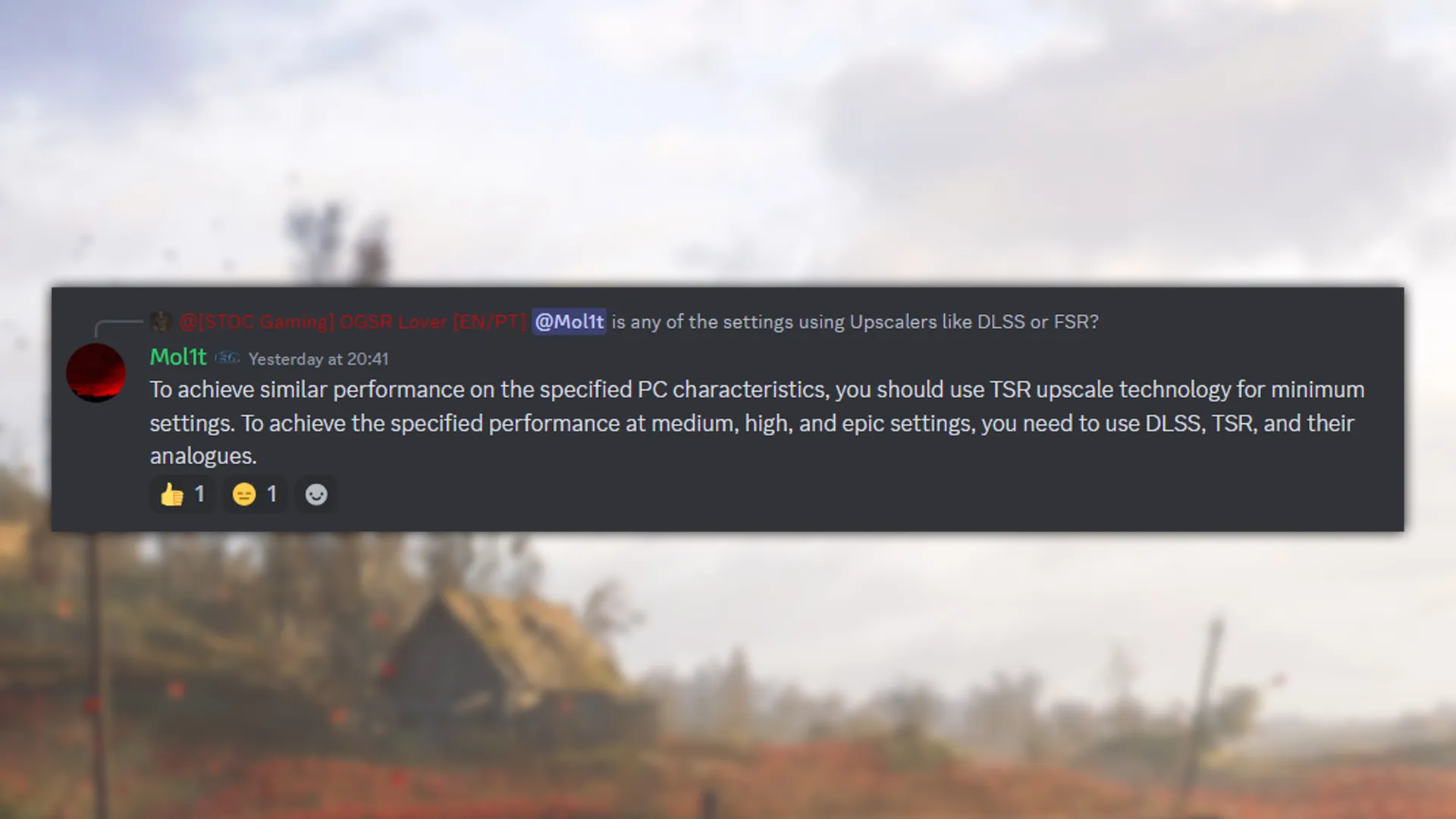 Stalker 2 ban: Confirmation that you need to use DLSS to meet the game's system requirements on Discord.