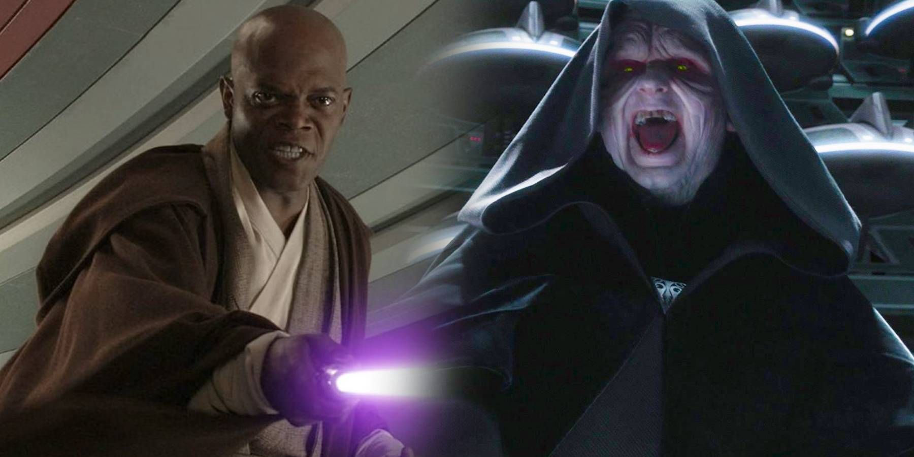 Samuel L. Jackson as Mace Windu and Ian McDiarmid as Emperor Sheev Palpatine in Star Wars Episode III Revenge of the Sith