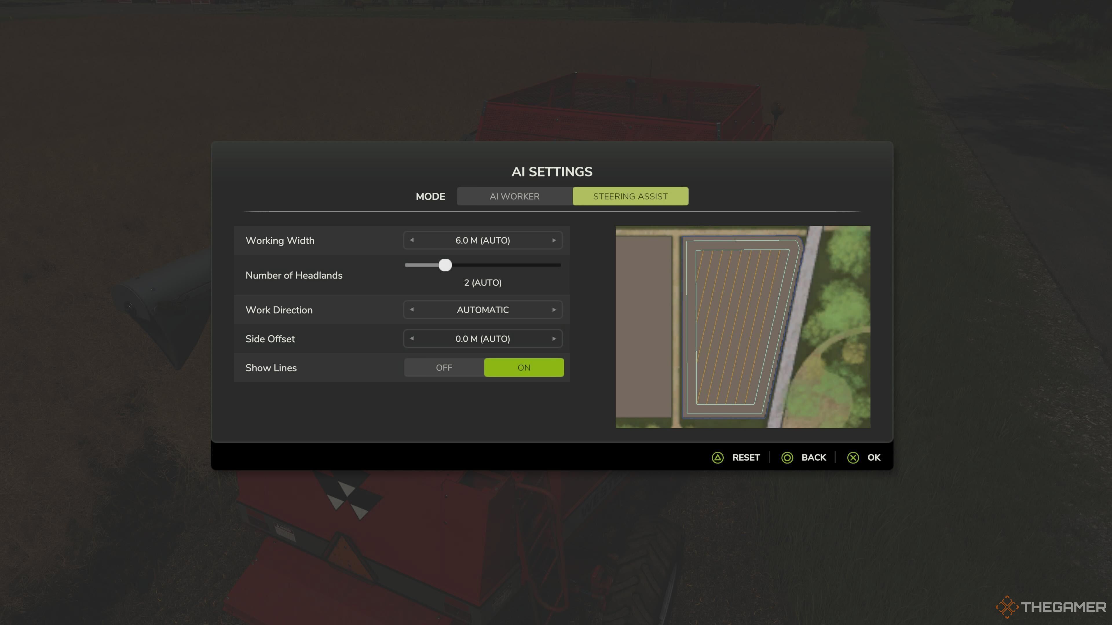 Steer Assist, within the AI Settings tab, in Farming Simulator 25