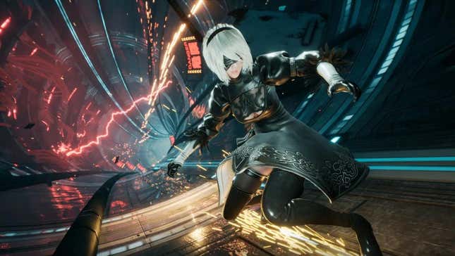 Eve wears 2B's outfit as she shreds onto Steam.