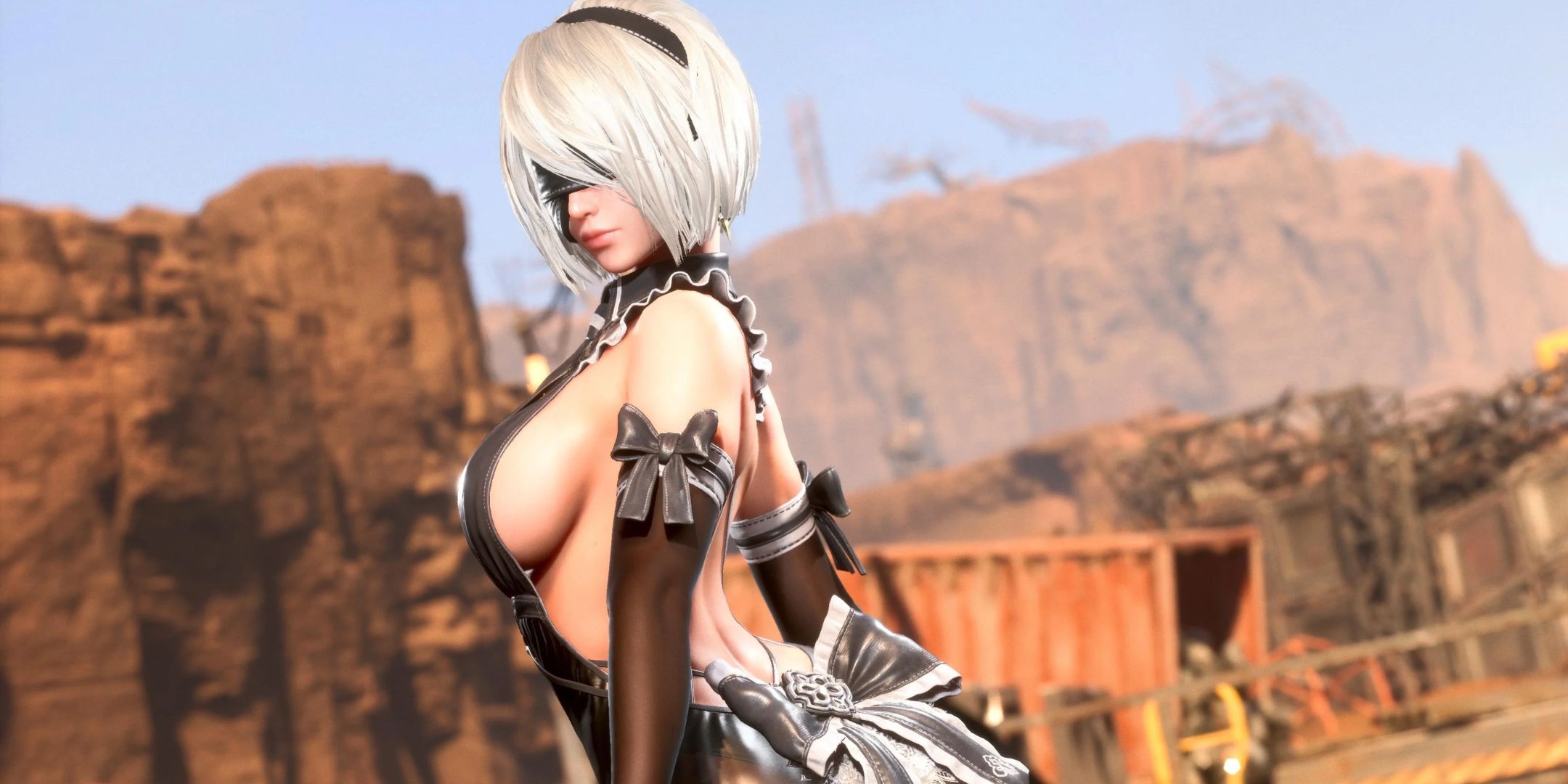 Eve from Stellar Blade in a 2B outfit from Nier Automata, side profile