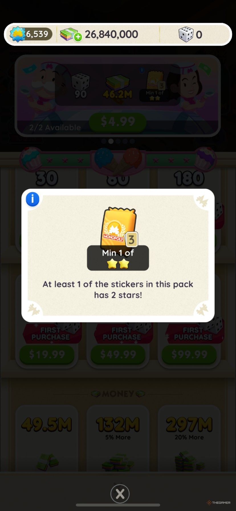 Info for the rarity of the stickers in a yellow sticker pack in Monopoly Go.