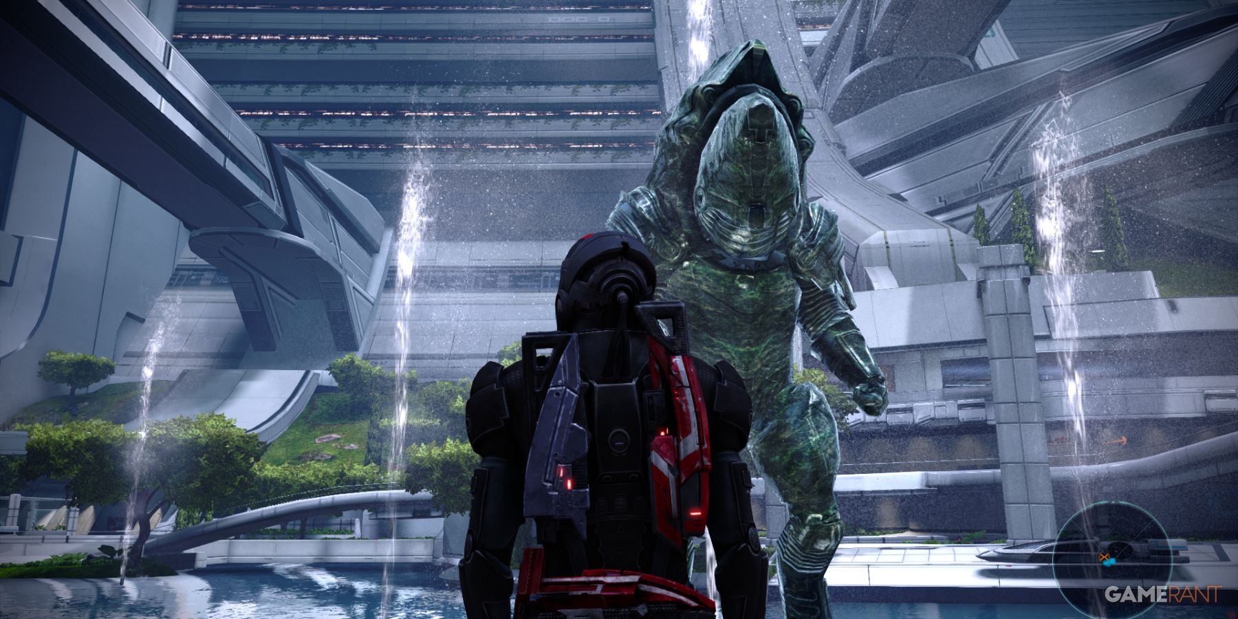 Shepard facing a large statue with fountains in The Citadel in Mass Effect 1