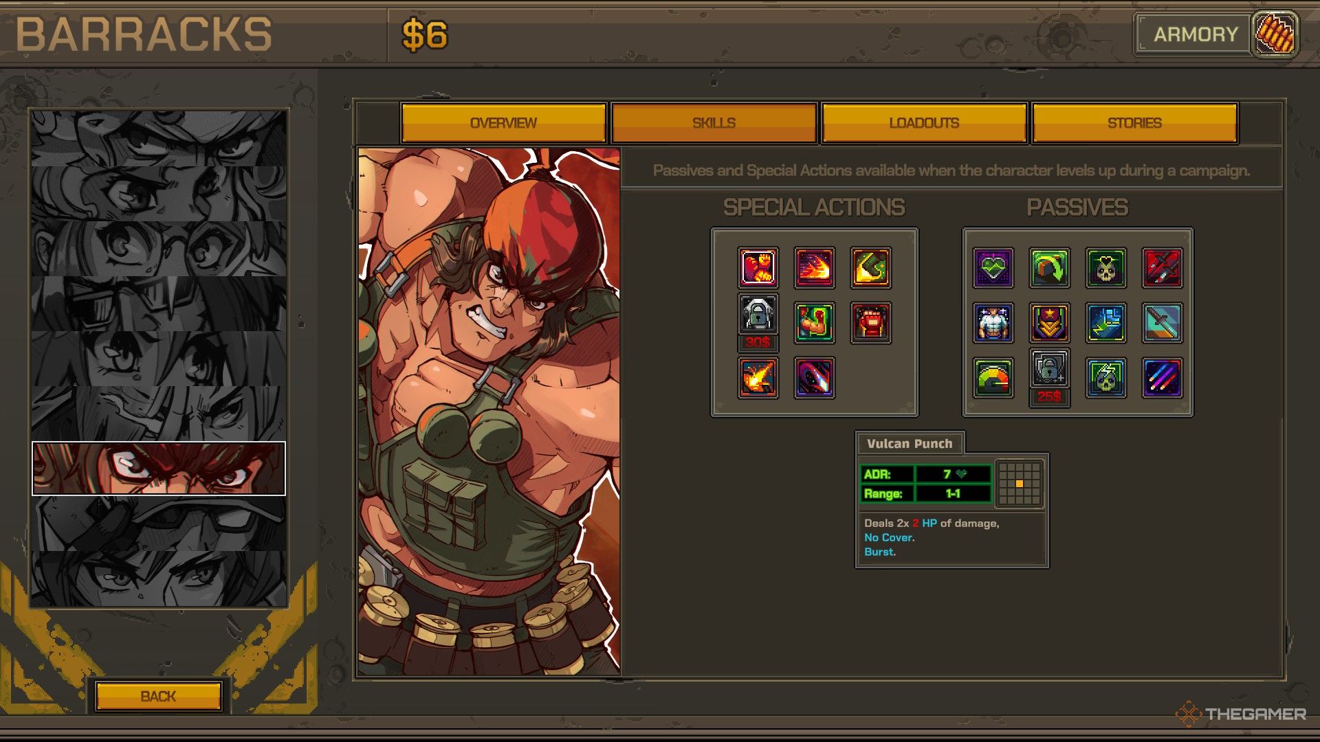 ralf's skill screen in metal slug tactics with vulcan punch highlighted.