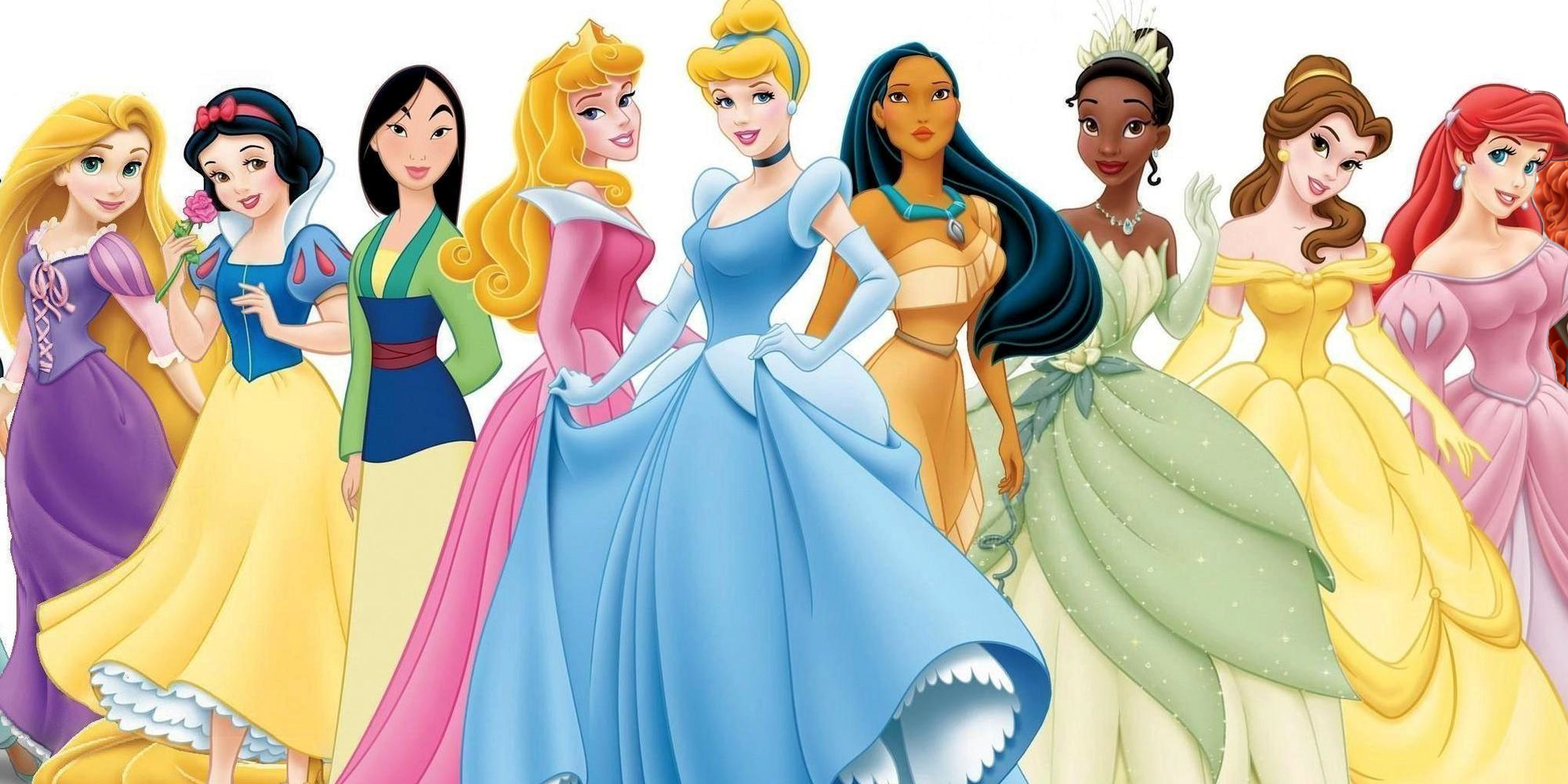 Disney Princesses: Rapunzel, Snow White, Mulan, Aurora, Cinderella, Tiana, Belle, and Ariel