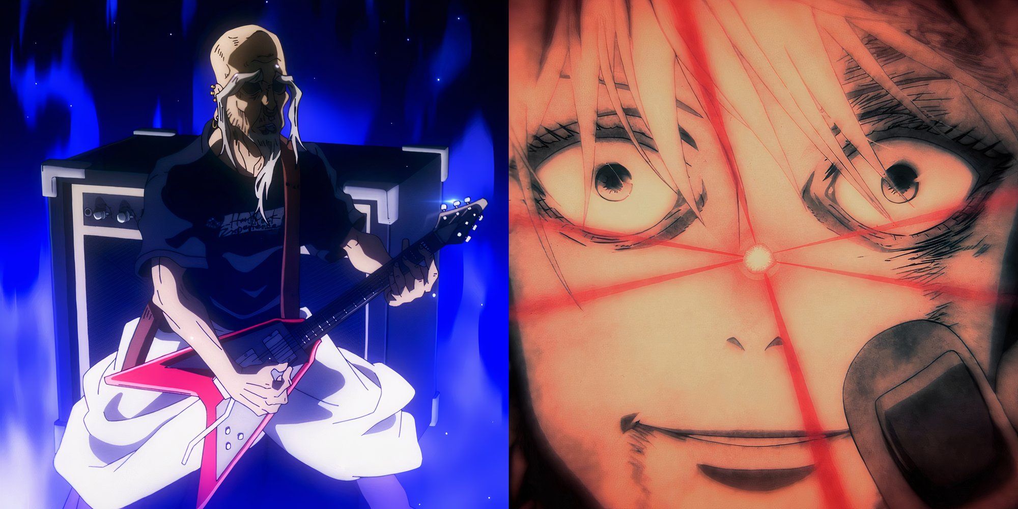 Yoshinobu Gakuganji playing the guitar with a blue background, and Satoru Gojo using limitless in Jujutsu Kaisen