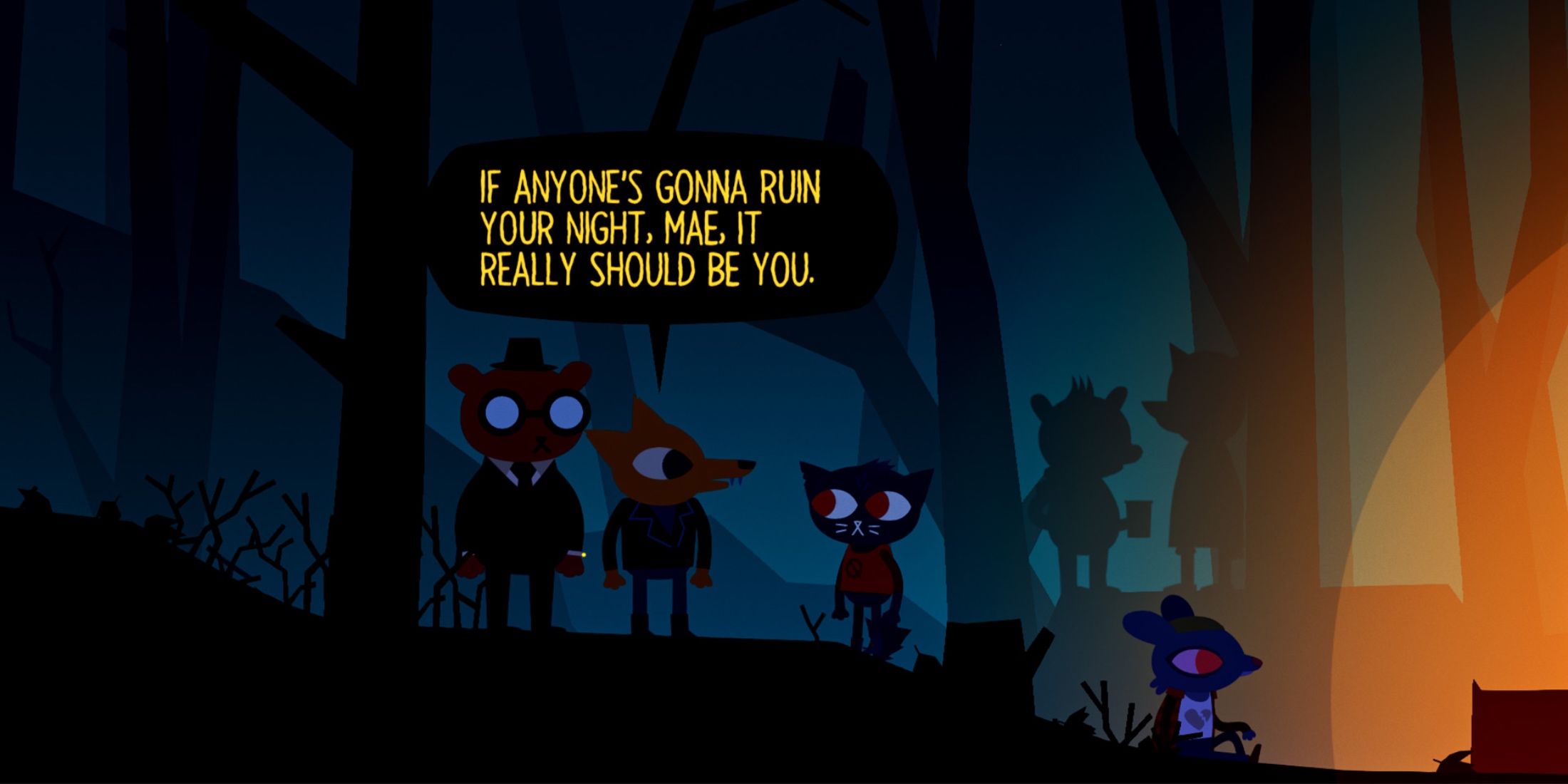 Angus, Greg, and Mae talking outside at a party in Night in the Woods