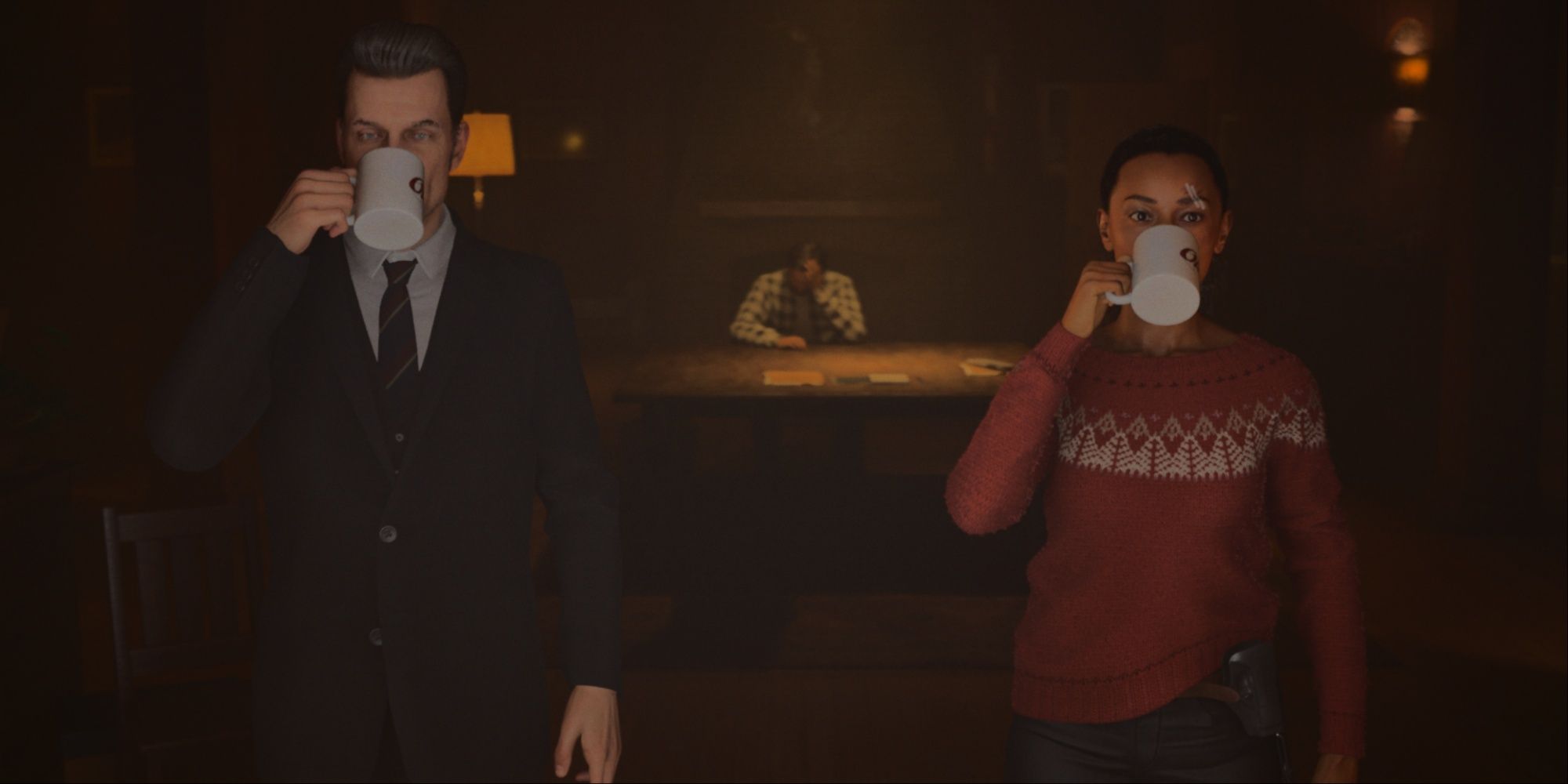 Alex and Saga side-by-side facing the camera and drinking their coffees at the same time, with Alan Wake seen in the background.