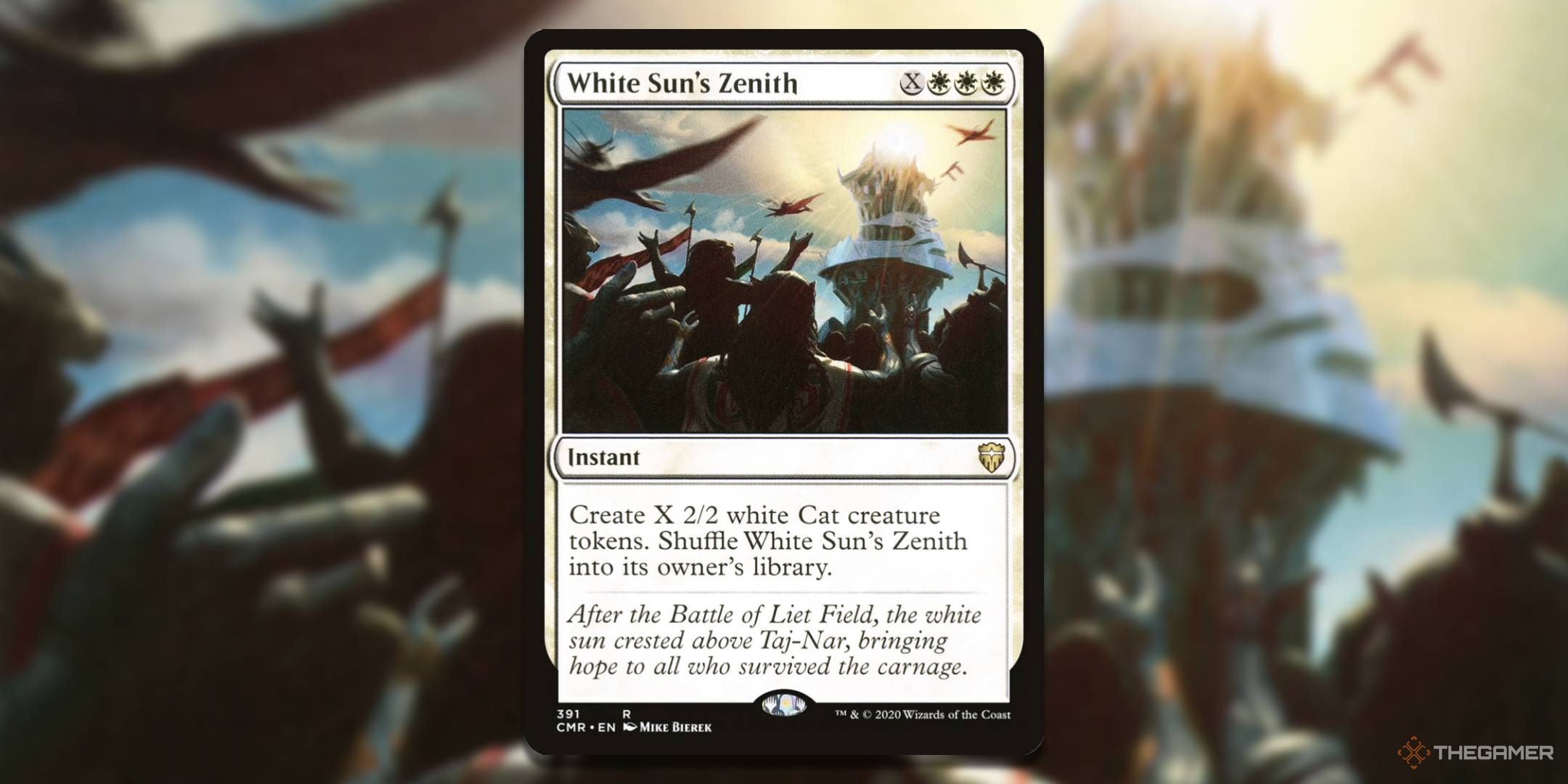 MTG White Sun's Zenith card with the art in the background.