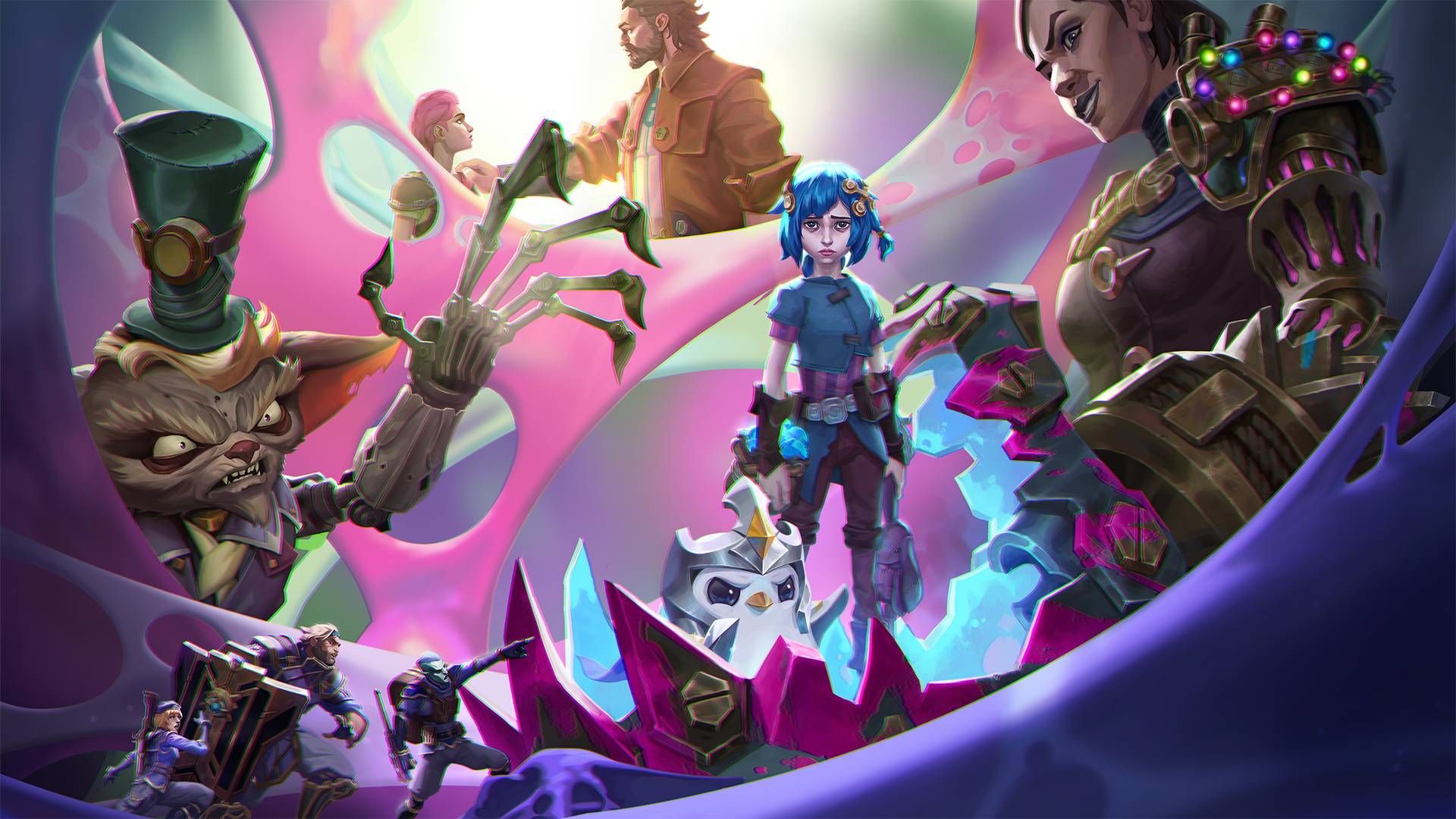 An image of various characters from League of Legends Arcane and TFT's Pengu