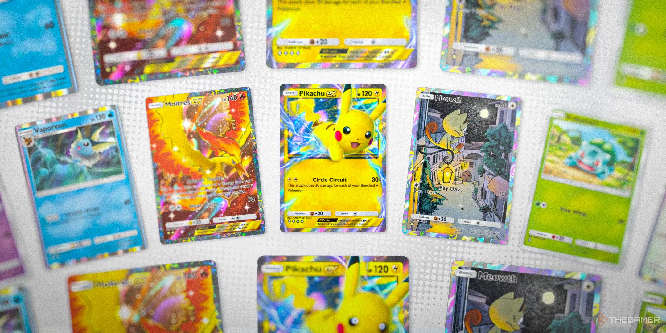 Pokemon TCG pocket cards lined up over a white background, with Pikachu at the front.