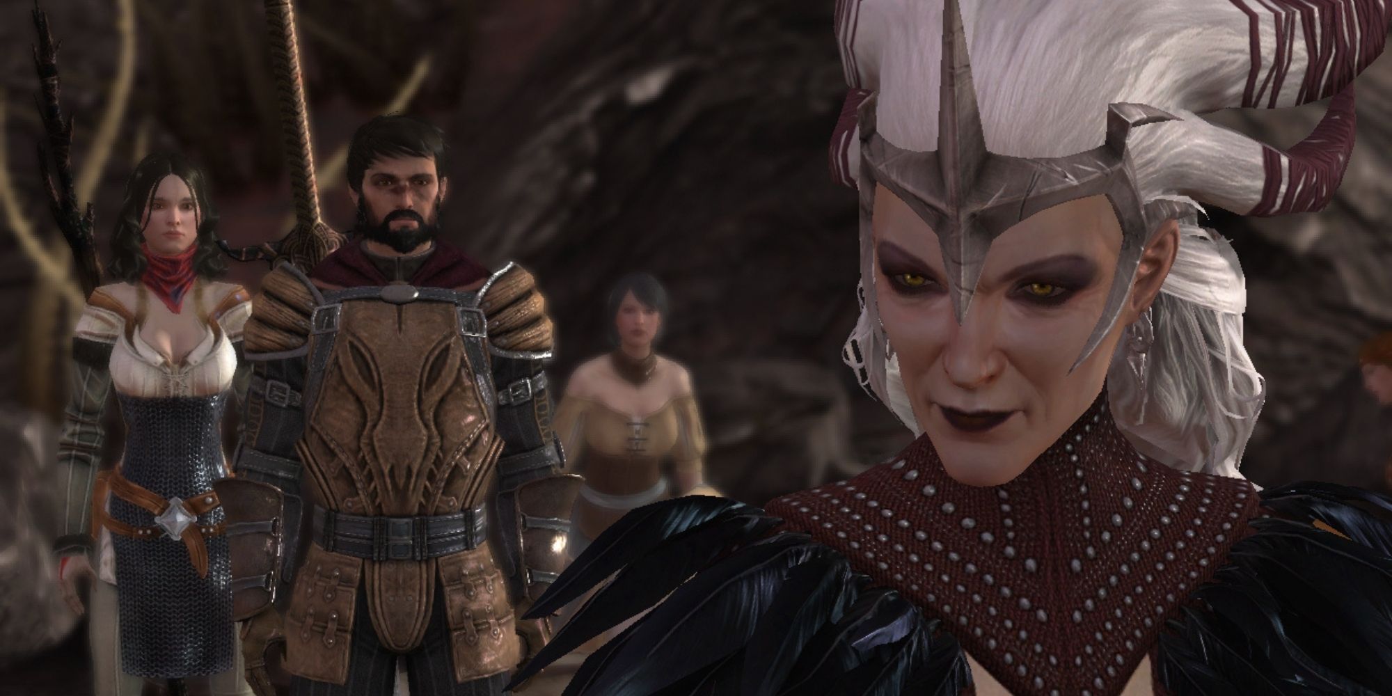 Dragon Age 2 - Tutorial screenshot of Flemeth, male Hawke, Bethany, and Leandra