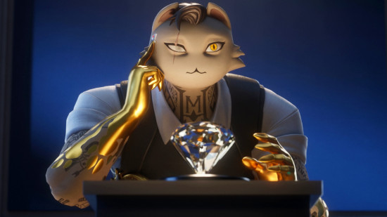 Meowdas, a tattooed cat with a quiff and one of the best Fortnite skins, tries to steal a large diamond.