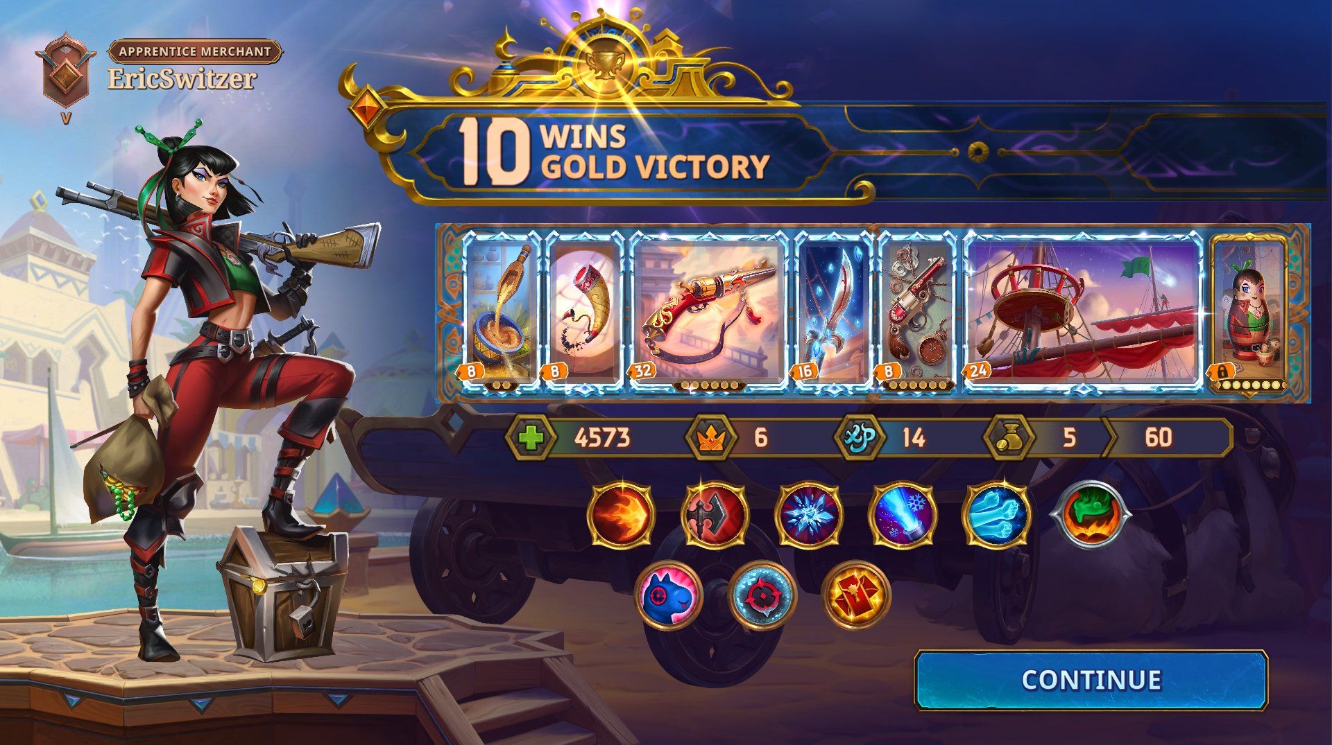 The Bazaar ten wins gold victory screen.