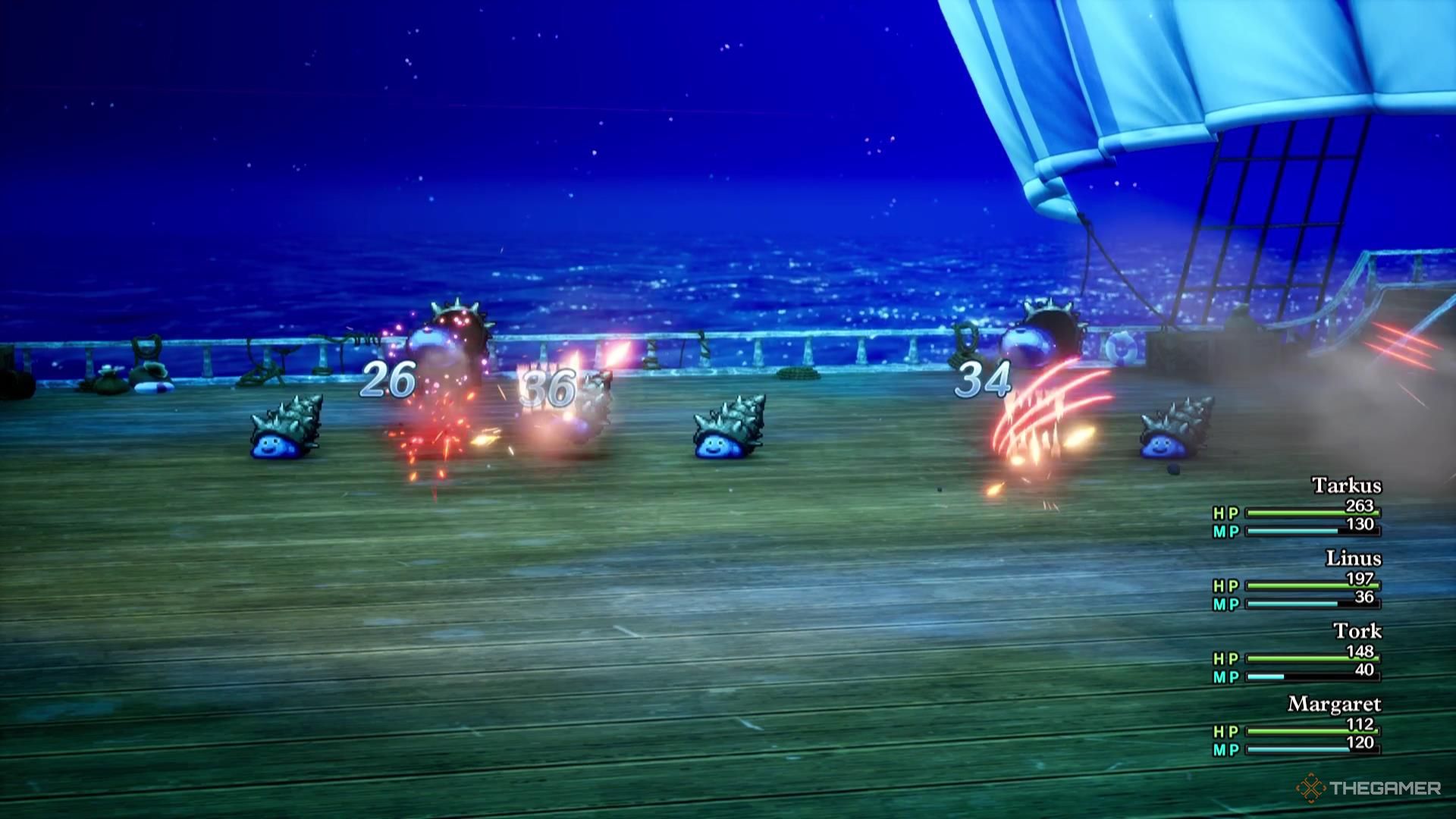 A group of Seaslimes is hit with the Monster Pile-On ability used by a Monster Wrangler in Dragon Quest 3 Remake.