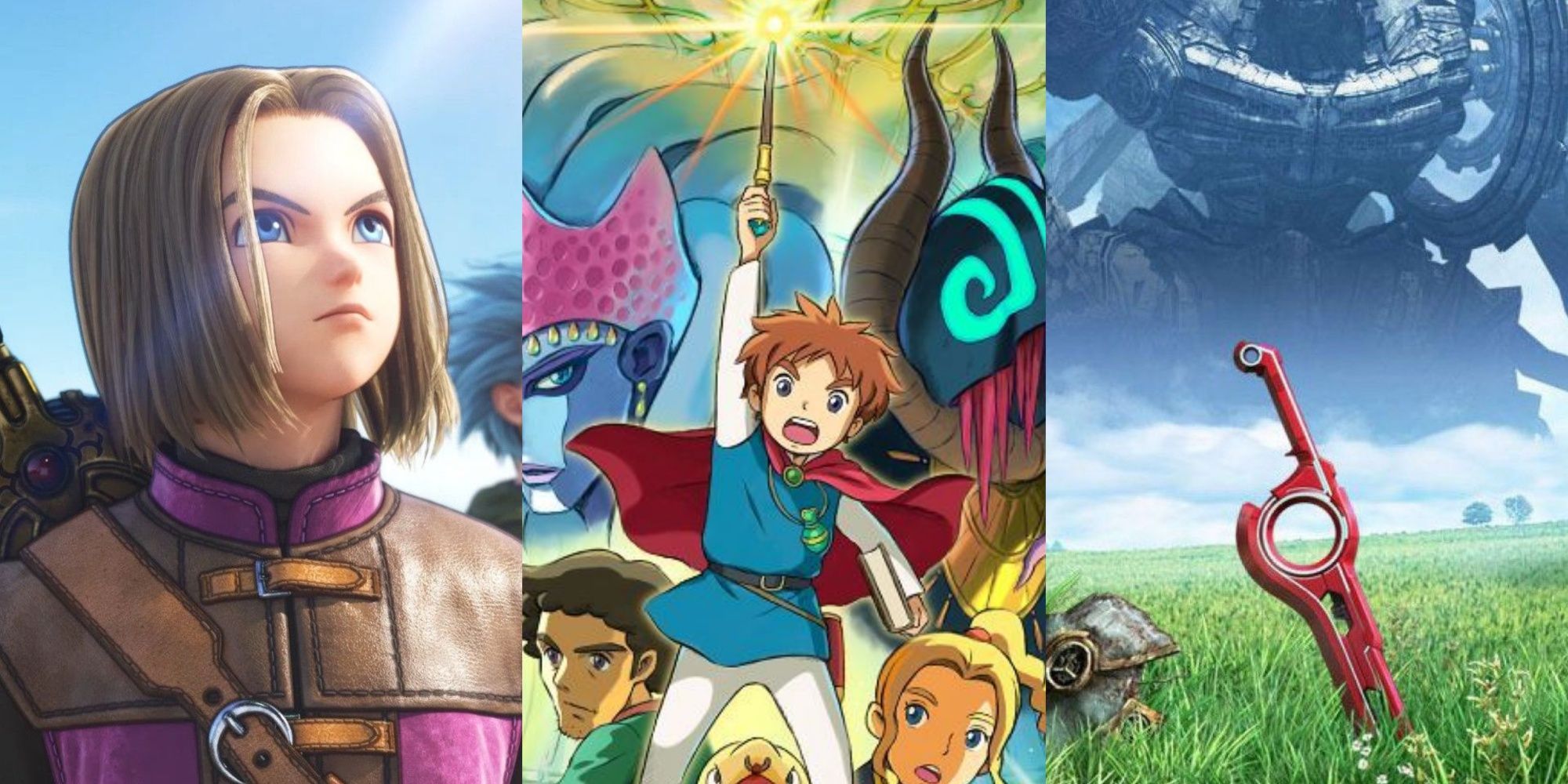 Split images of Luminary in Dragon Quest 11 S, Oliver in Ni No Kuni, and the Monado in Xenoblade Chronicles Definitive Edition