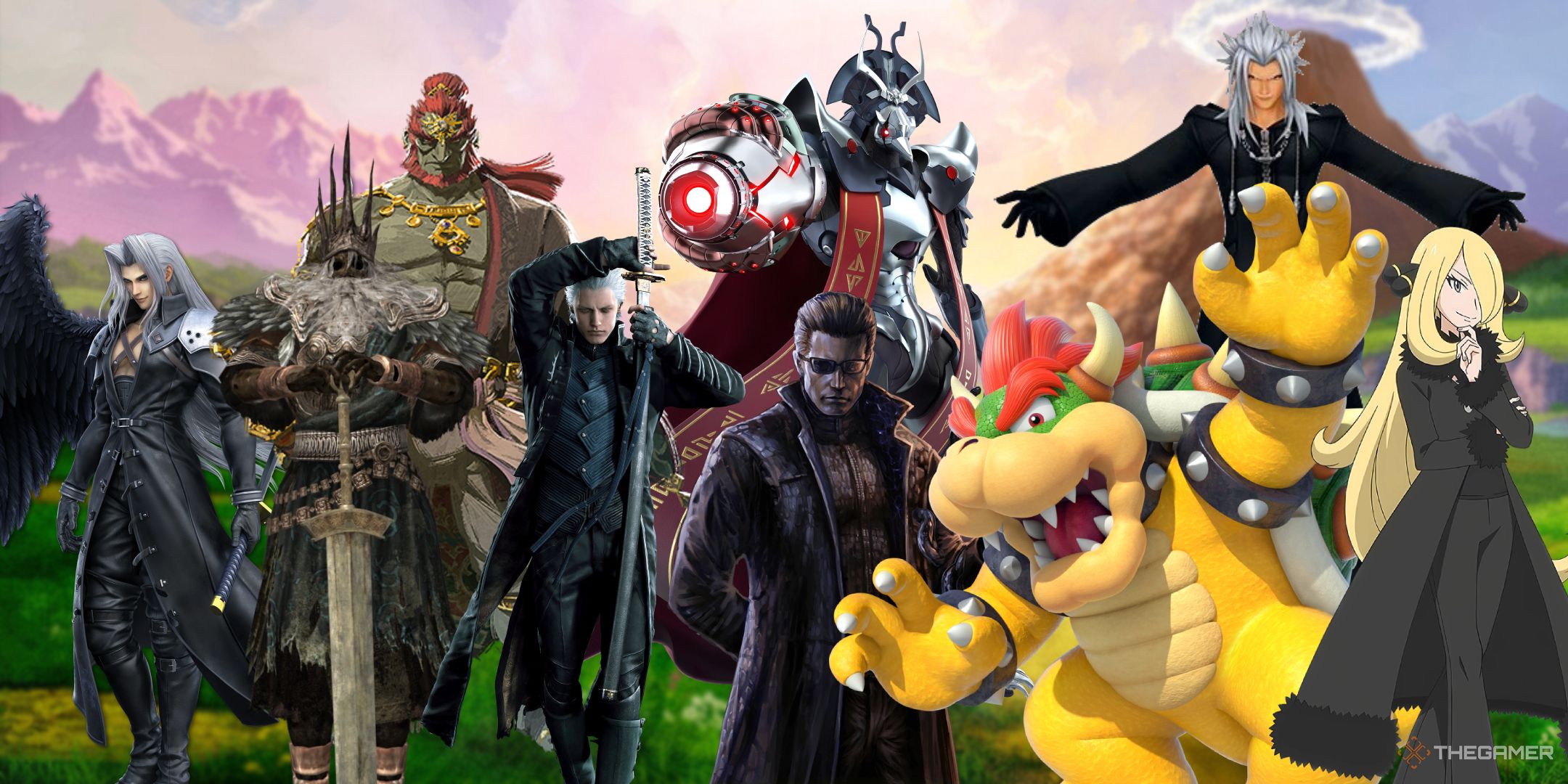 Various boss characters such as Wesker, Ganondorf and Xemnas overlaid on a blurred background of Hyrule Field