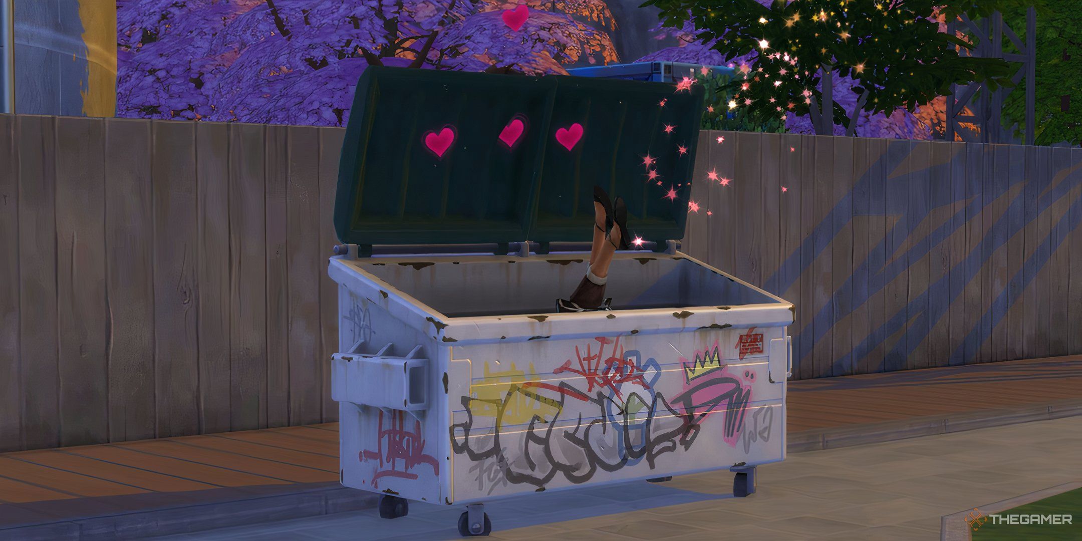 An open dumpster with a pair of womens legs in heels sticking out from inside as hearts and sparklers surround it.