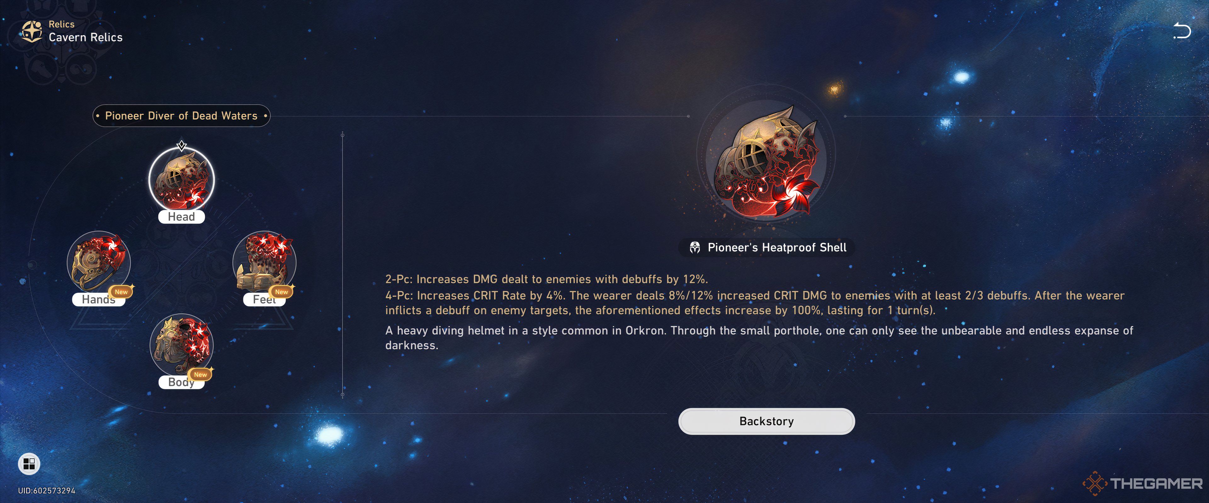 The Pioneer Diver of Dead Waters Relic Set description screen in Honkai: Star Rail.