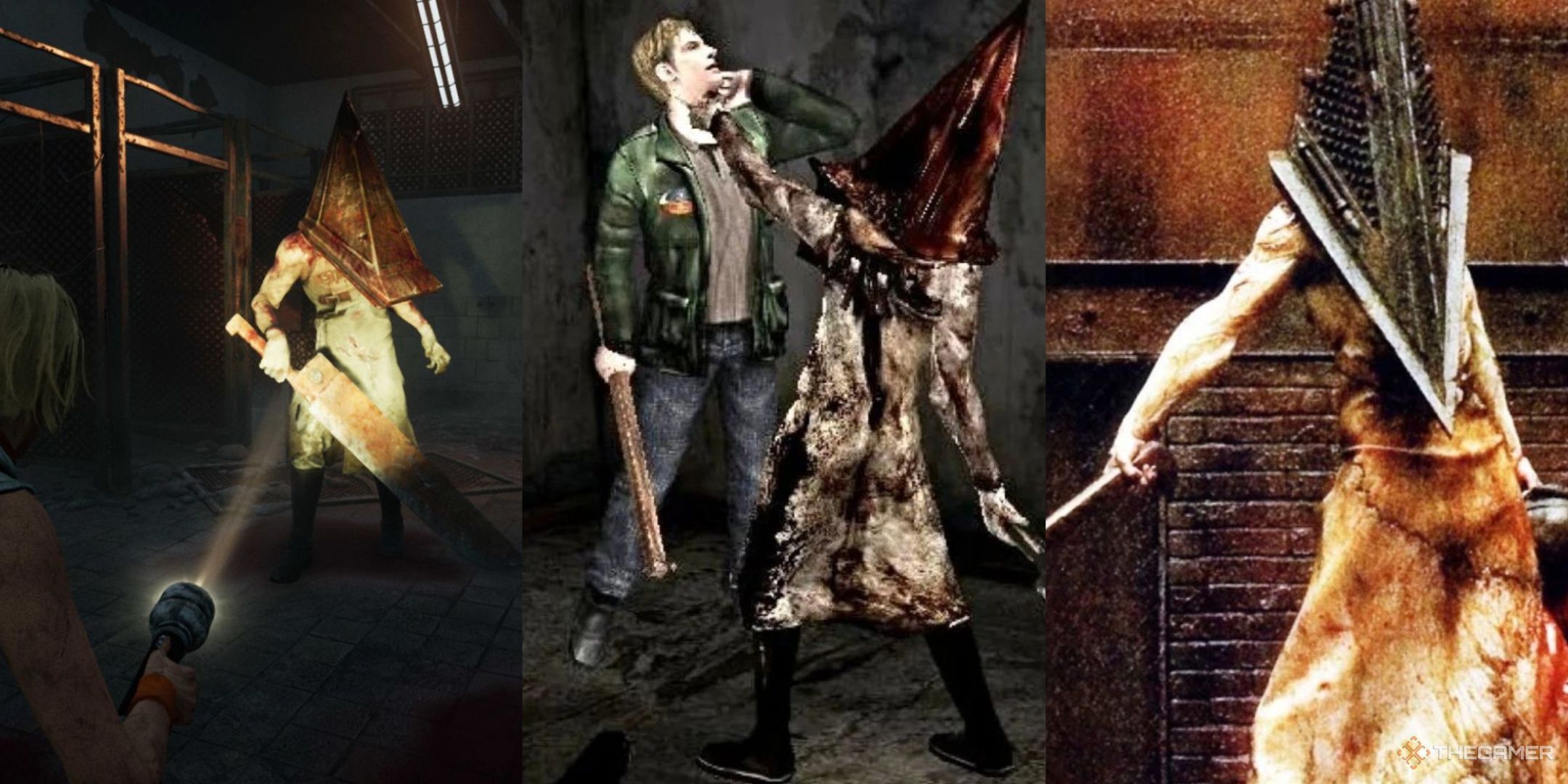 Heather shining a flashlight at Pyramid Head in Dead by Daylight, James held up by Pyramid Head in Silent Hill 2 Remake, and Pyramid Head in the silent hill film.