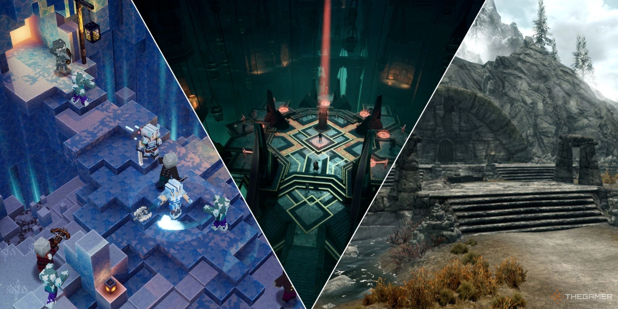 A collage of Dungeons from RPG such as Skyrim, Baldur's Gate 3, and Minecraft Dungeons.