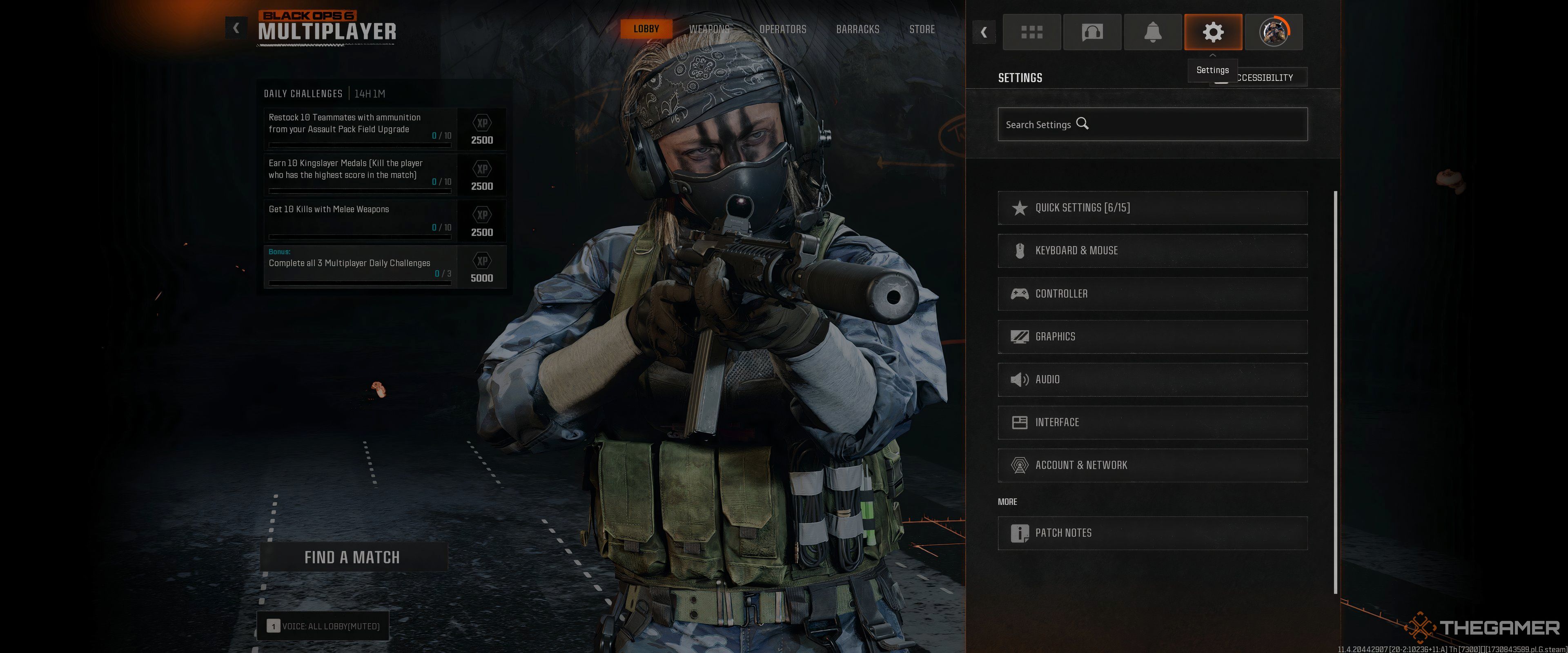 The main settings menu screen in Call of Duty: Black Ops 6.