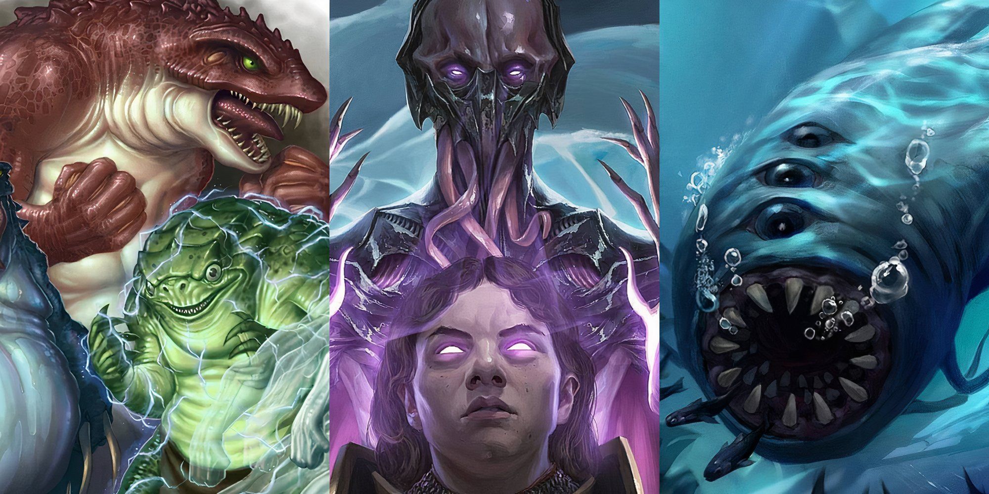 A collage of images featuring Slaad, Mind Flayers and an Aboleth