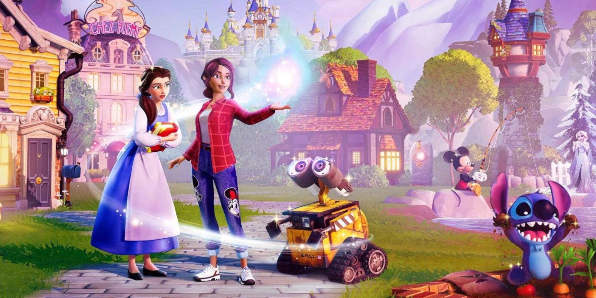 Belle, Stitch, Wall-E, Mickey, and Elsa in Disney Dreamlight Valley.