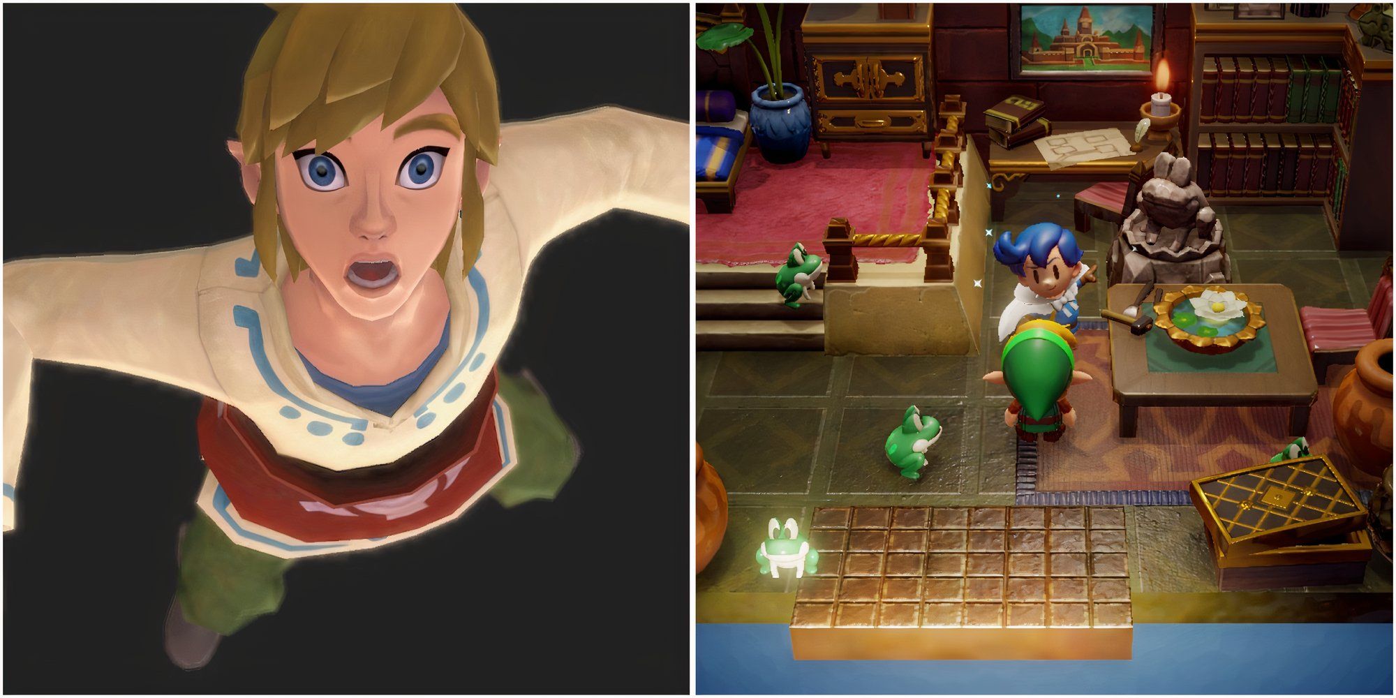 Link in The Legend of Zelda Skyward Sword and talking to an NPC in The Legend of Zelda Link’s Awakening