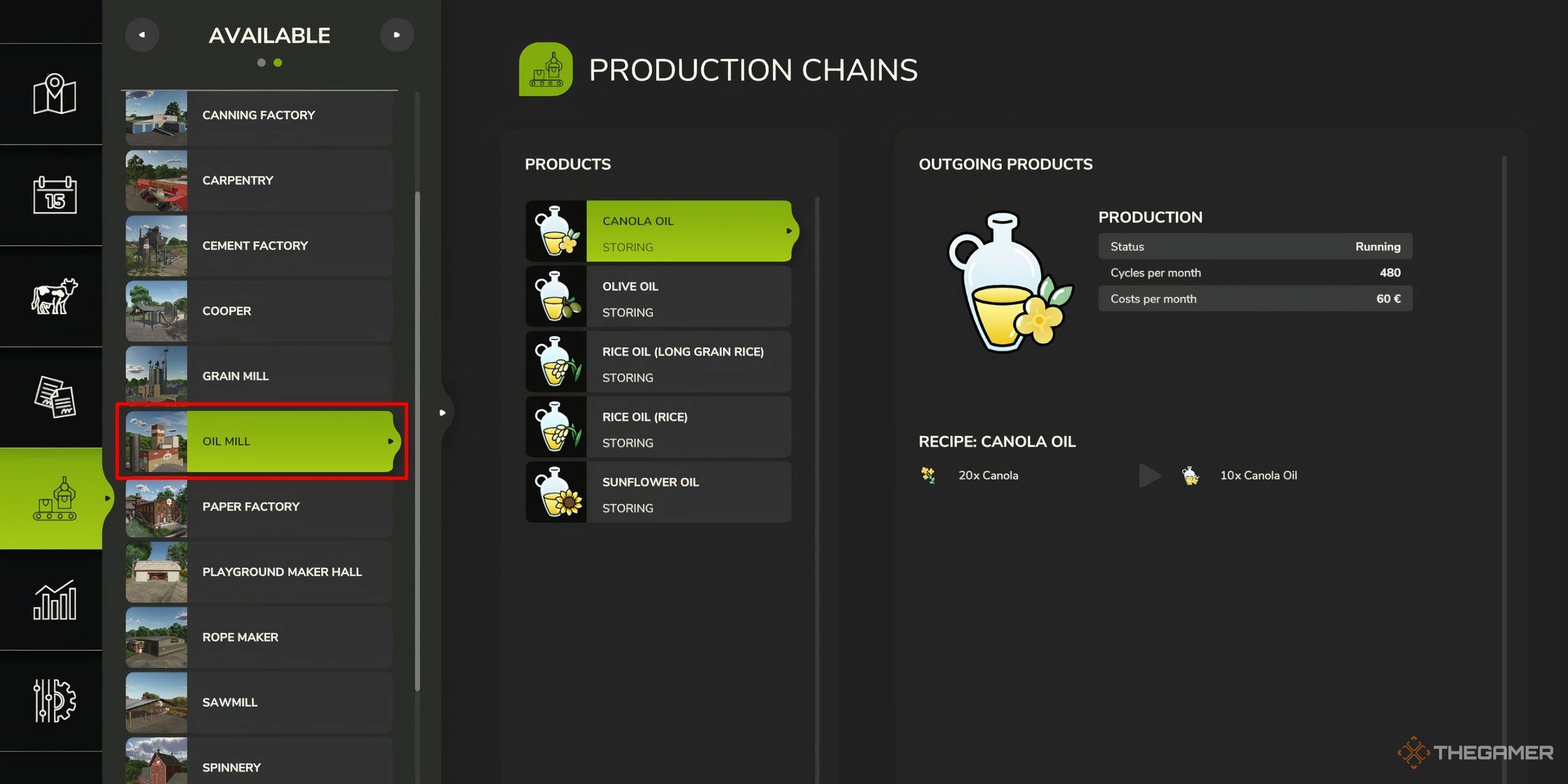 Showcasing the Oil Mill's products in Farming Simulator 25's Production Chain menu.