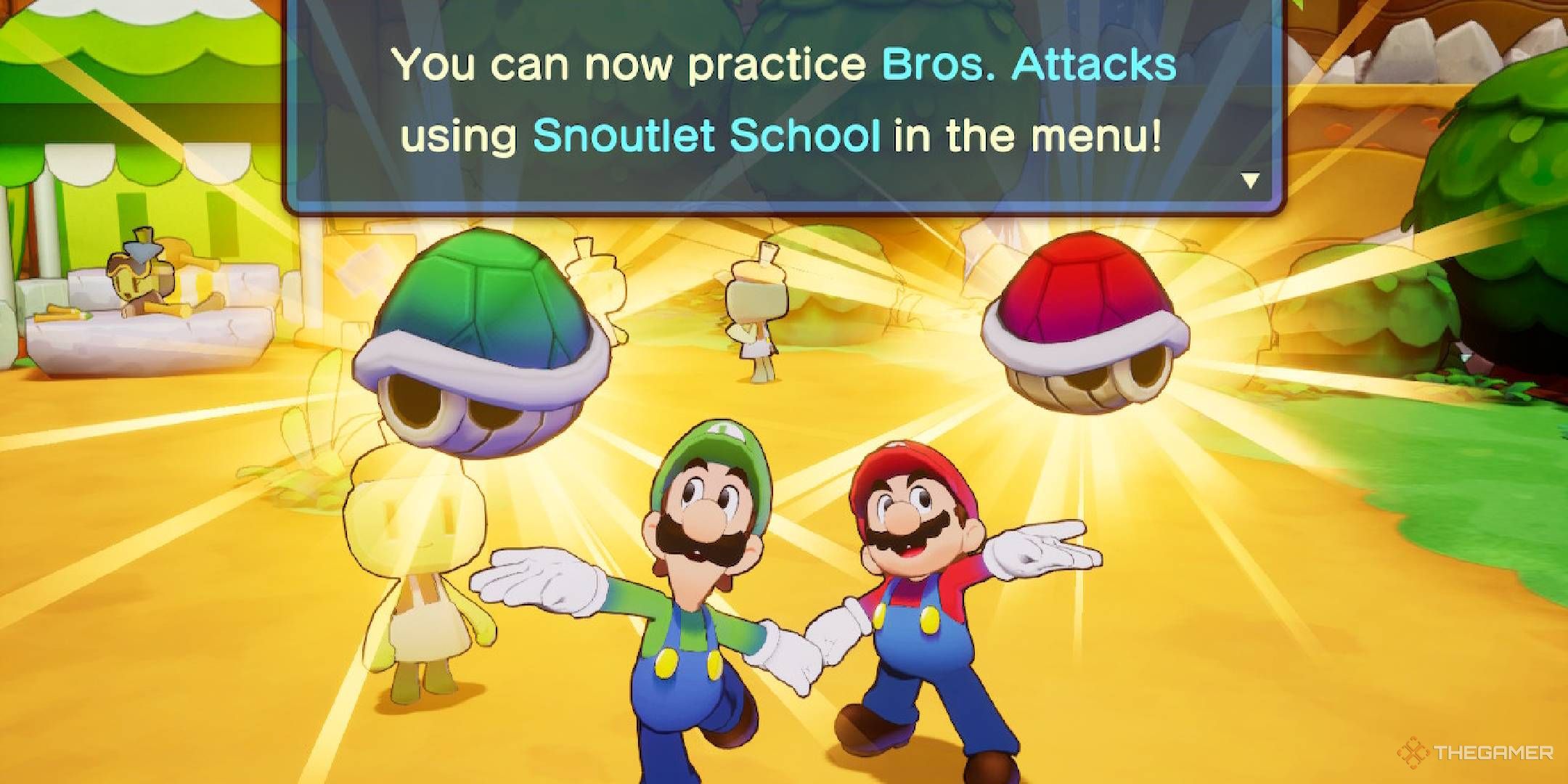 Mario and Luigi unlocking the shell Bros. attack in Mario & Luigi Brothership.