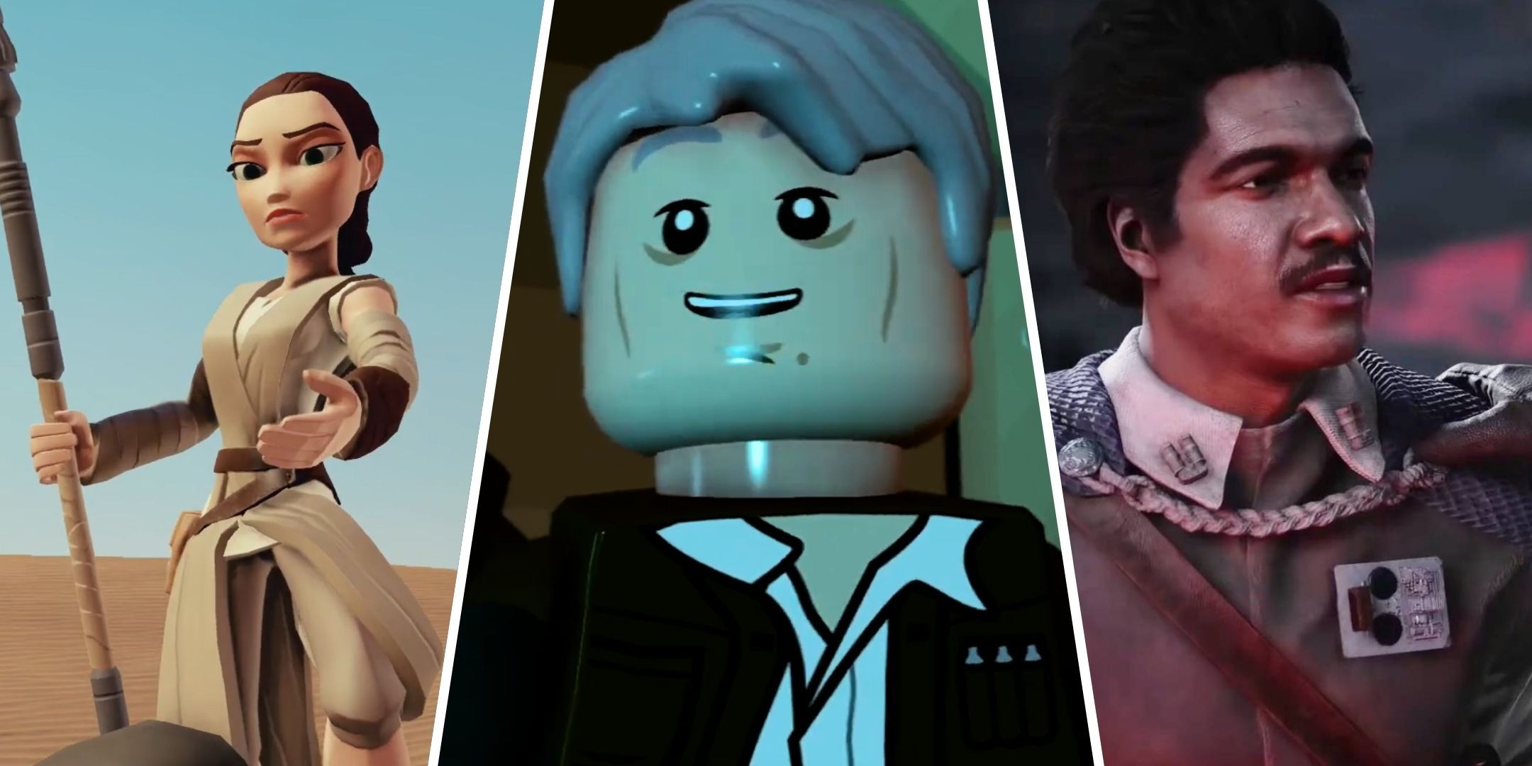 A split image of Rey from Disney Infinity, Han Solo from LEGO Star Wars The Force Awakens, and Lando Calrissian from Star Wars Battlefront 2 2017