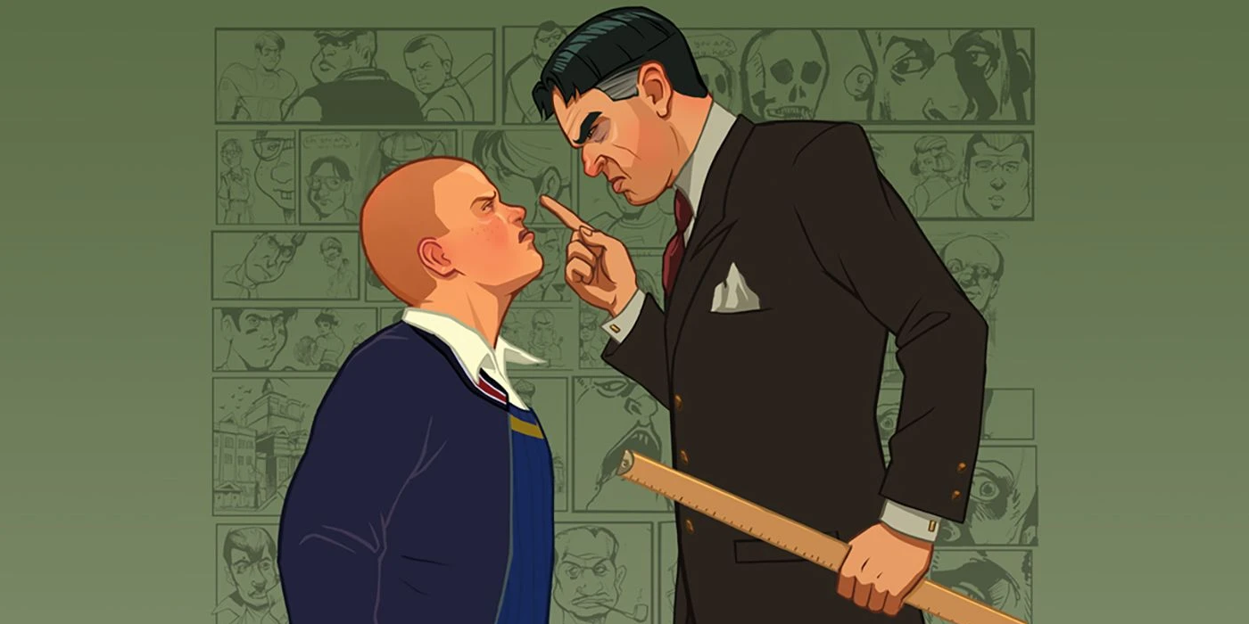 The school principal scolds Jimmy, pointing a finger at him with a stern expression in Bully.