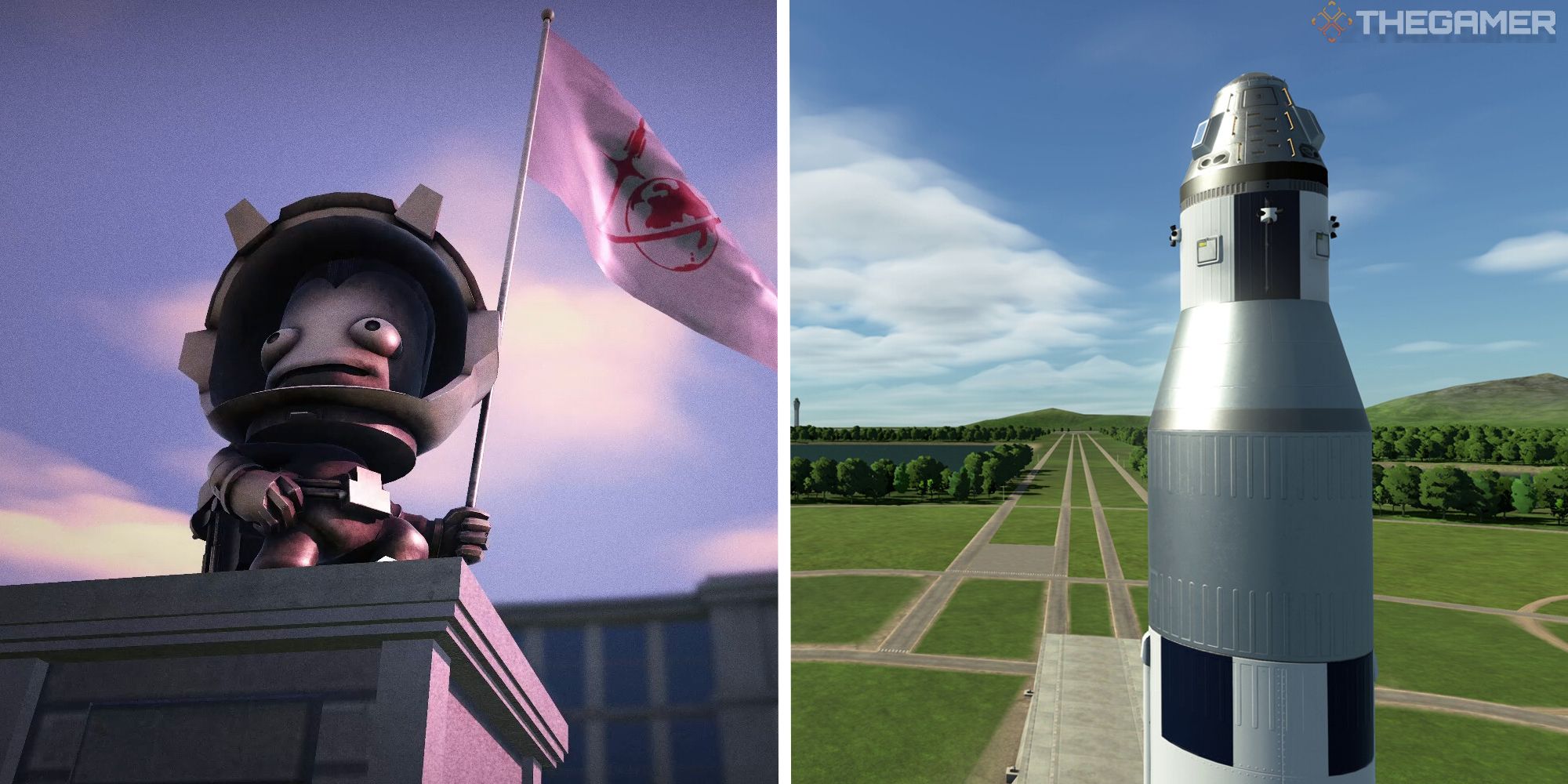 kerbal space program 2 launching first rocket featured image with statue and rocket in split screen