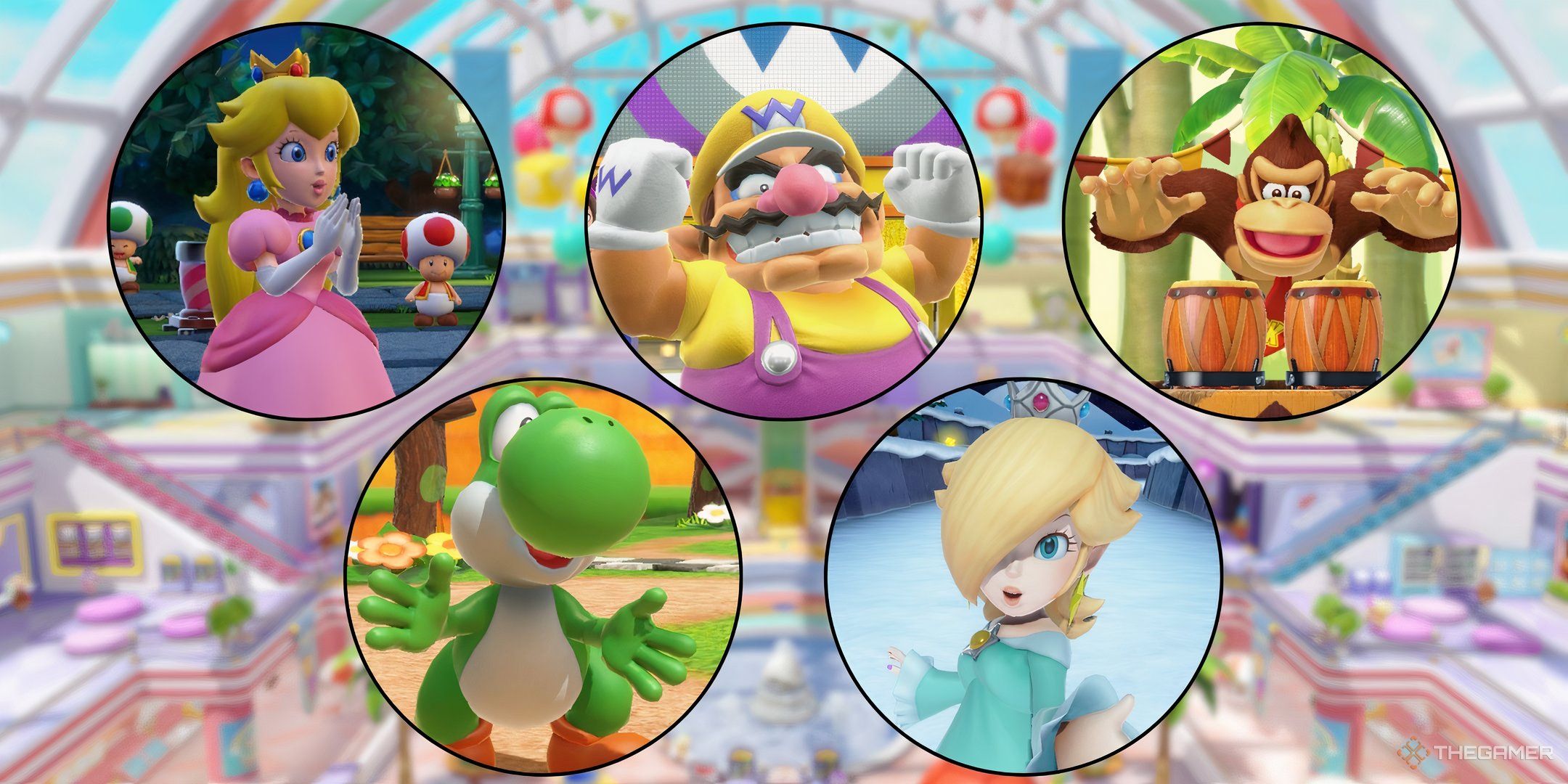 Peach, Yoshi, Wario, Rosalina, and DK in frames in front of a blurred image of Rainbow Galleria for the Jamboree Buddy guide in Super Mario Party Jamboree.