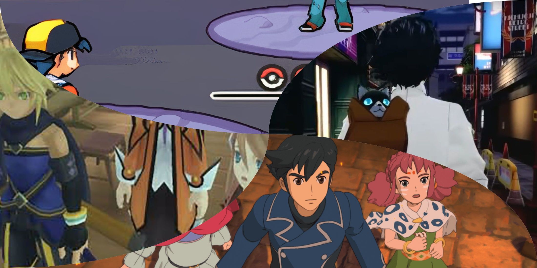 Ni no Kuni 2, Tales of Symphonia, Pokemon HeartGold & SoulSilver, Persona 5 Royal mixed gameplay collage