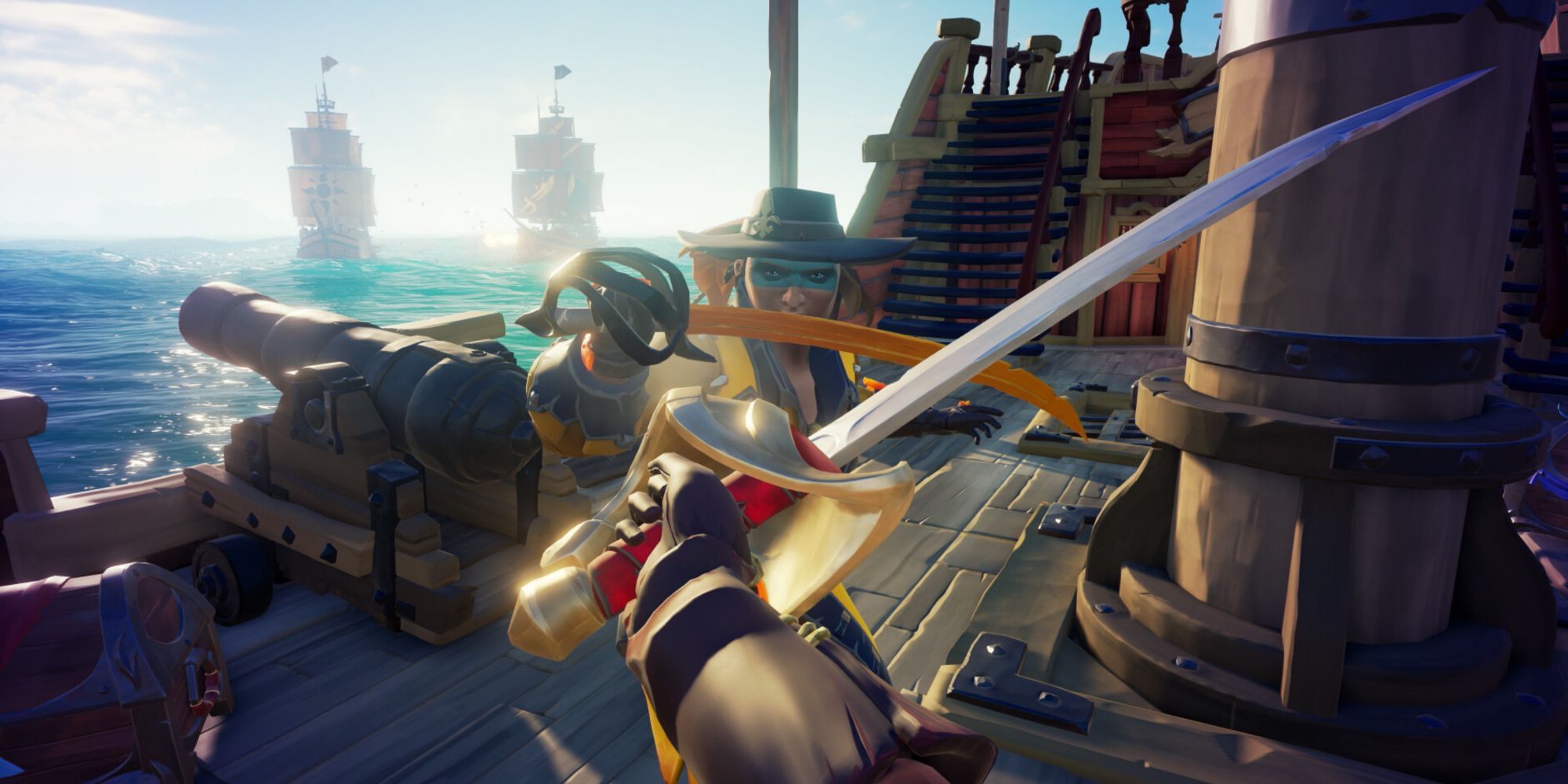 Swordfighting a pirate on a ship in the open sea with two other ships in the background in Sea of Thieves.