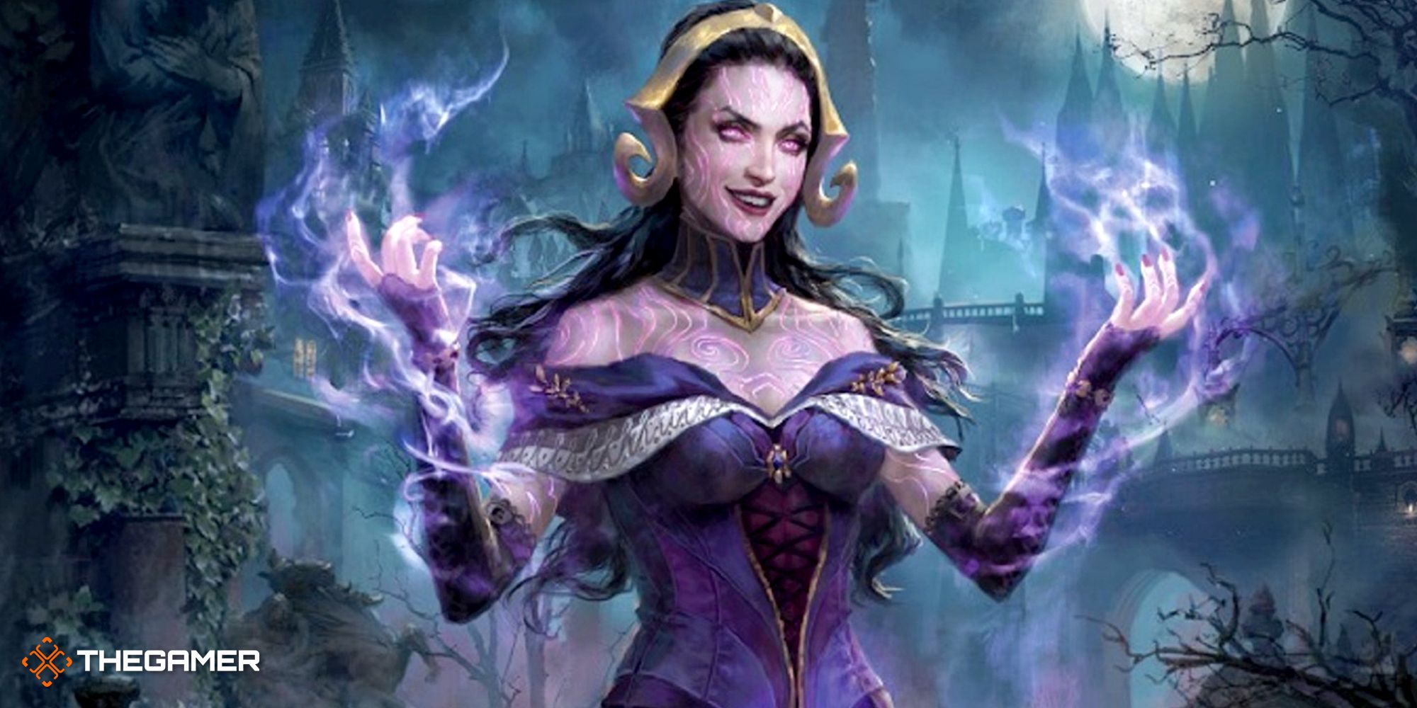 A female Necromancer with dark purple energy coursing through her.