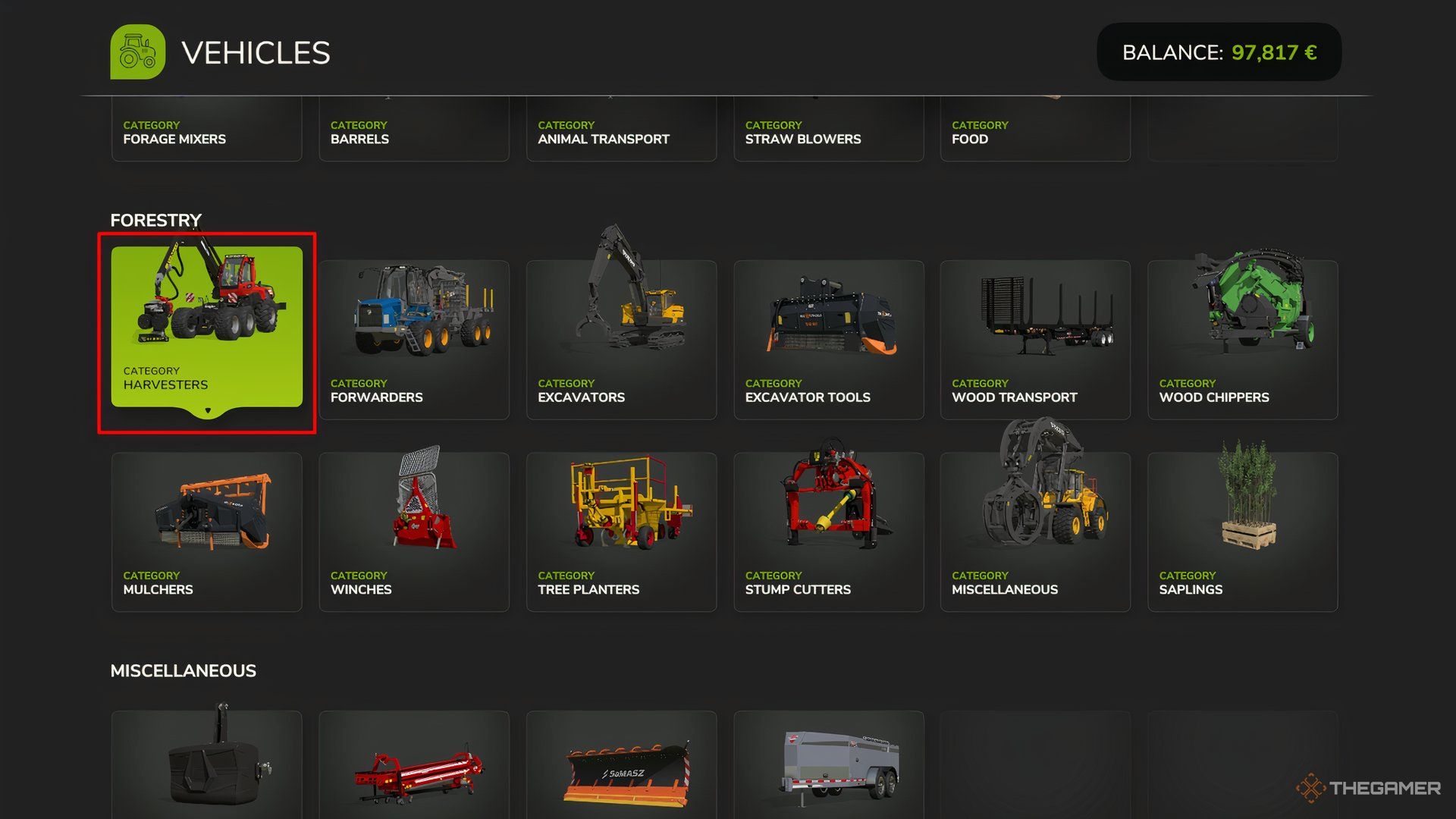 Showcasing the Forestry Harvesters category in Farming Simulator 25's Vehicle Store menu.