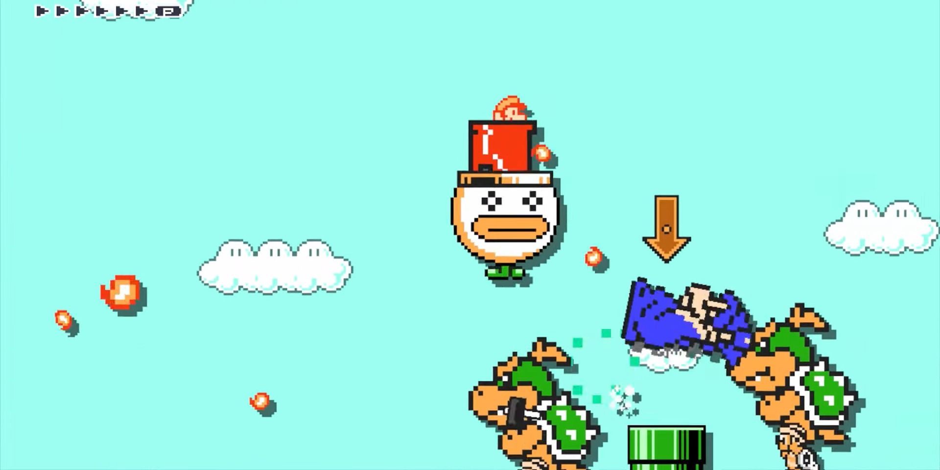 8 bit Mario shooting fire balls from Bowser's aerial mobile down at giant Bowser Jrs and Magikoopas in Super Mario Maker for 3DS.