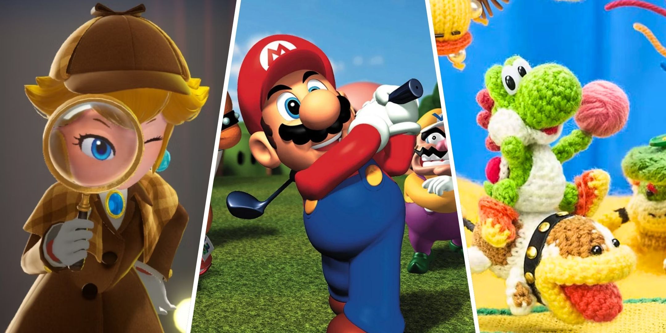 A split image of Detective Peach from Princess Peach: Showtime, Mario in promo art for Mario Golf, and Yoshi on top of Poochy in promo art for Yoshi's Woolly World