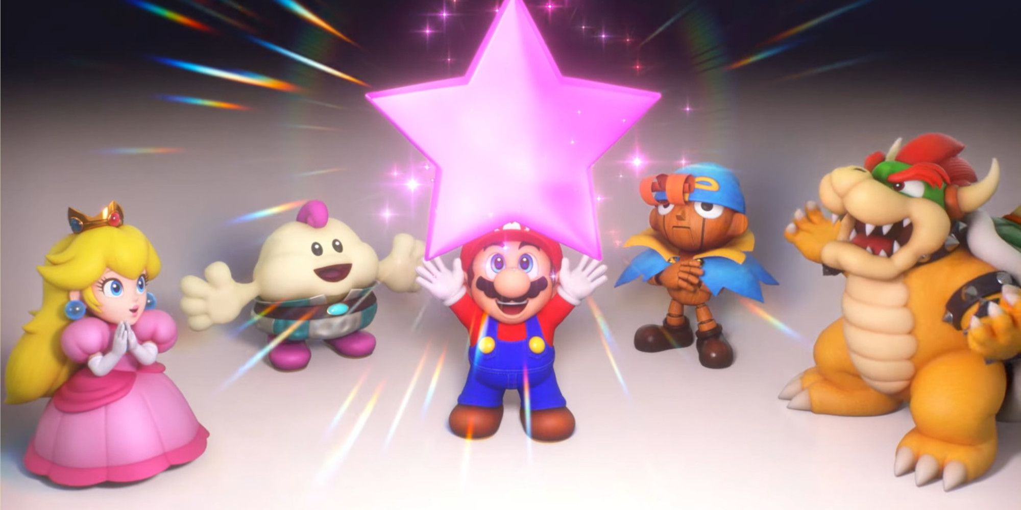 Peach, Mallow, Mario, Geno, and Bowser in Super Mario RPG.