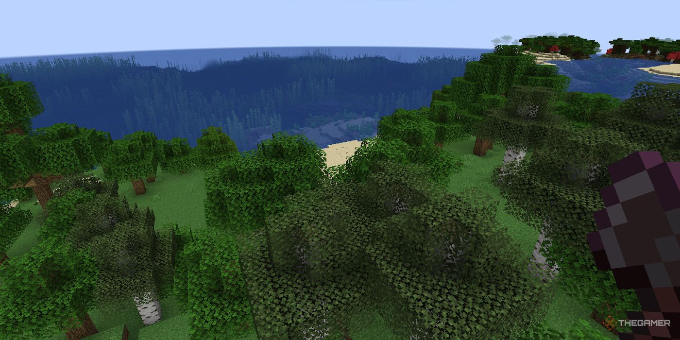 A Minecraft player holds a Netherite axe in a dense forest.