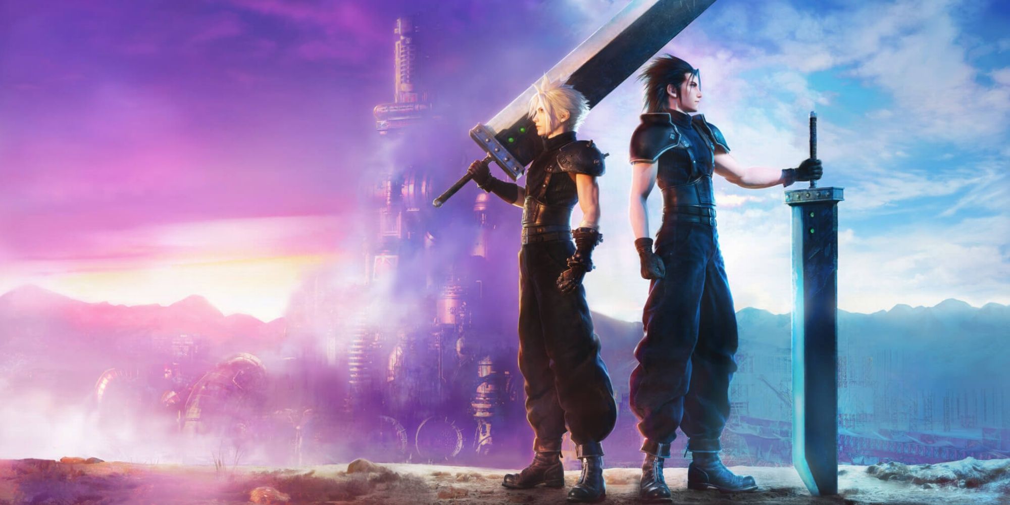 Final Fantasy 7 Ever Crisis - official cover art, with Cloud on left and Zack on right, with Midgar in the background