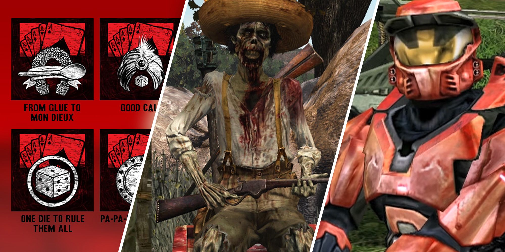 A collage showing achievements, a zombie cowboy, and a red Halo Spartan.