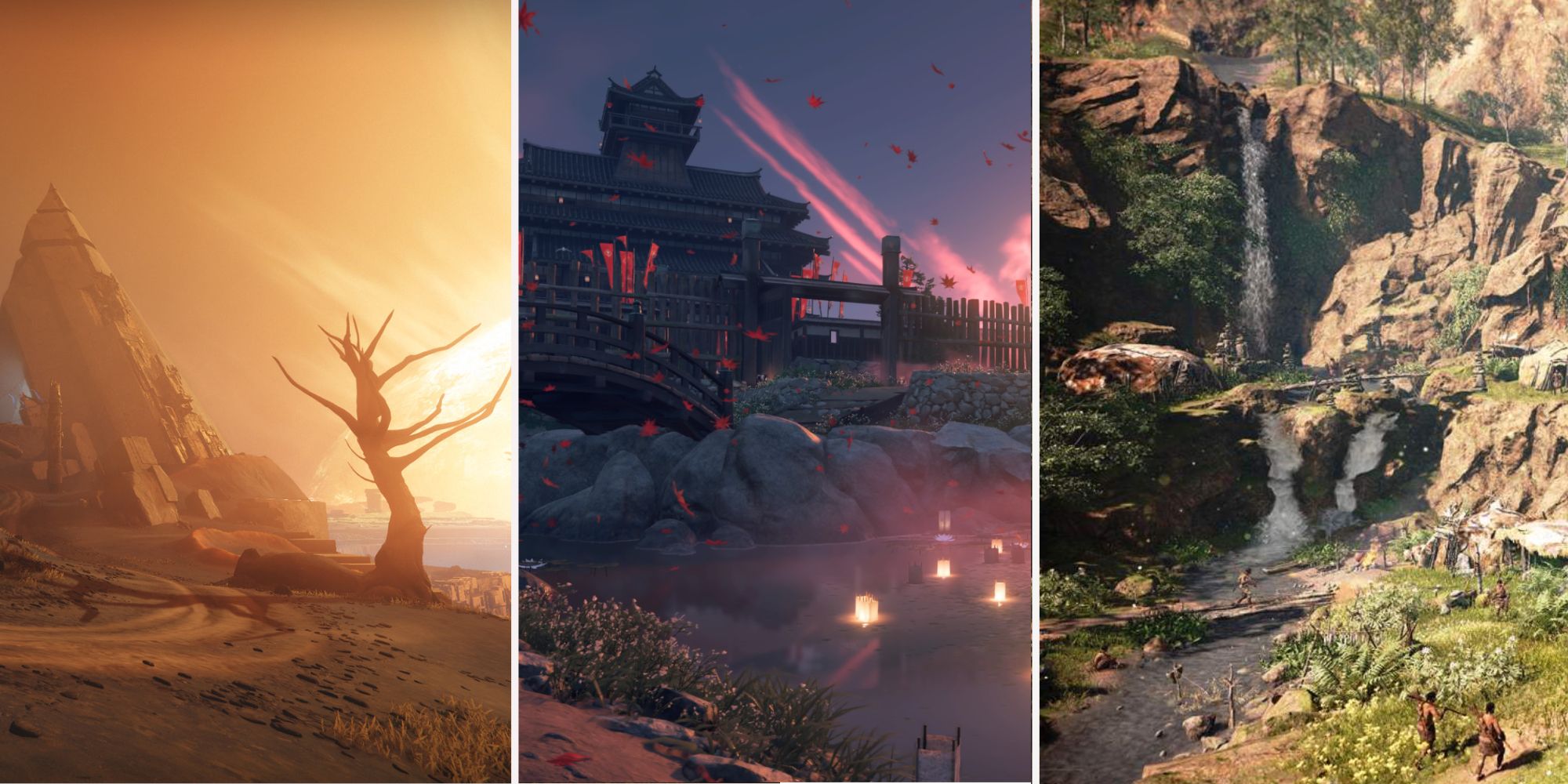 Gaming Worlds split image Destiny 2 Ghost of Tsushima Far Cry Primal